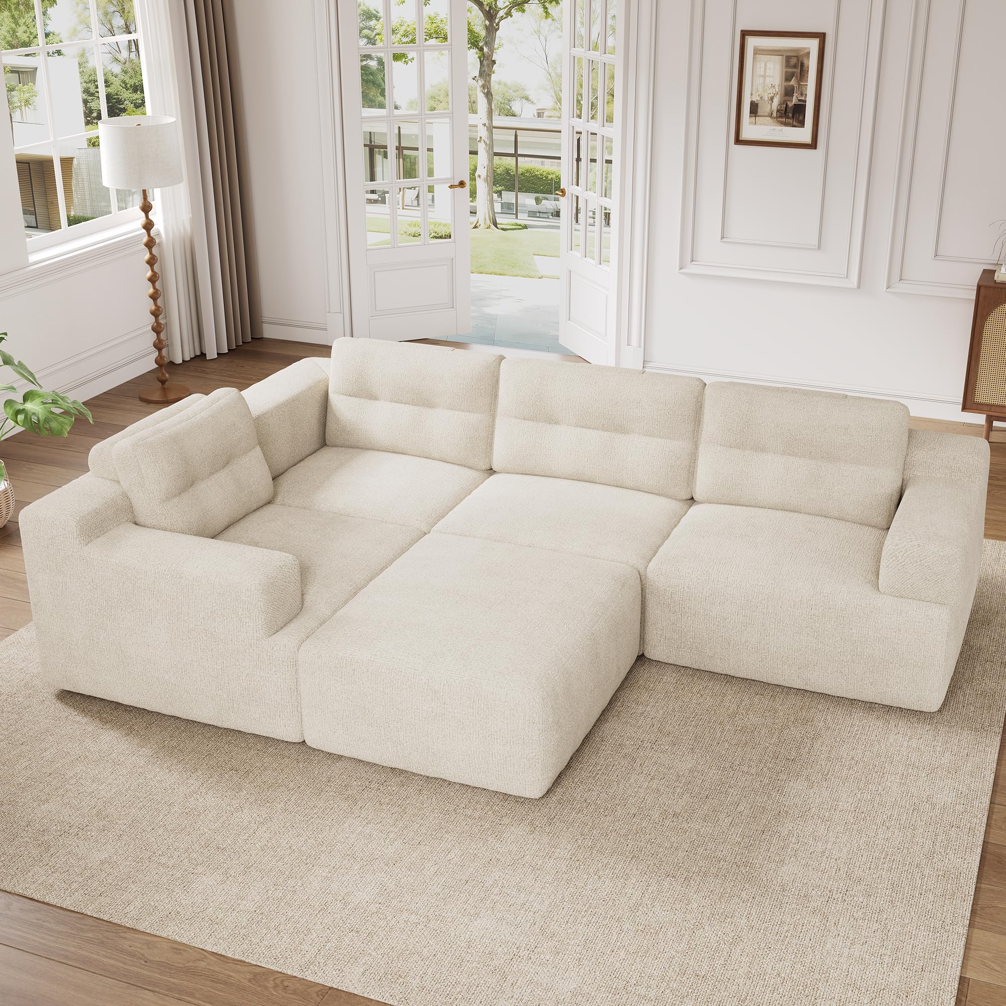 Sapgaks Canapé d'angle Convertible,configurable en Forme de L ou de U,Canapé modulable en Chenille,canapé 5 Places,Structure entièrement en Mousse sans Cadre,Beige