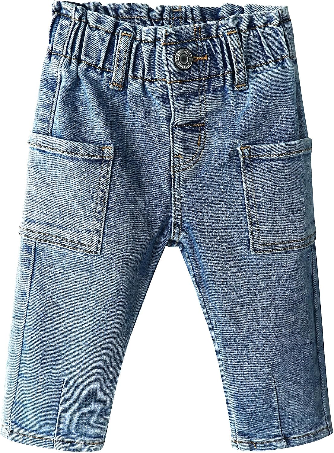 KIDSCOOL SPACE Baby Girls Jeans,Toddler Boy Elastic Waist with D-Ring Square-Shaped Pockets Straight Leg Denim Pants