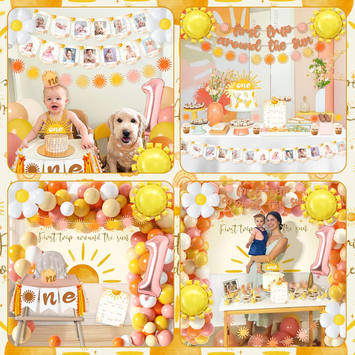 First Trip Around The Sun Birthday Decorations for Girl Boho Sun 1st Birthday Supplies with Backdrop Balloons Garland Monthly Photo Banner for Sun Theme Party