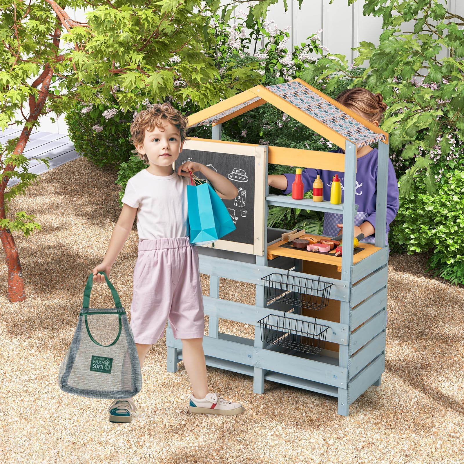 COSTWAY 2-IN-1 Matschküche Kinder Outdoor, Kinderküche Holz mit Tasche & Körben, Tafel & Zubehör, Spielküche mit ausnehmbarem Spülbecken, Outdoorküche für Kinder ab 3 Jahren