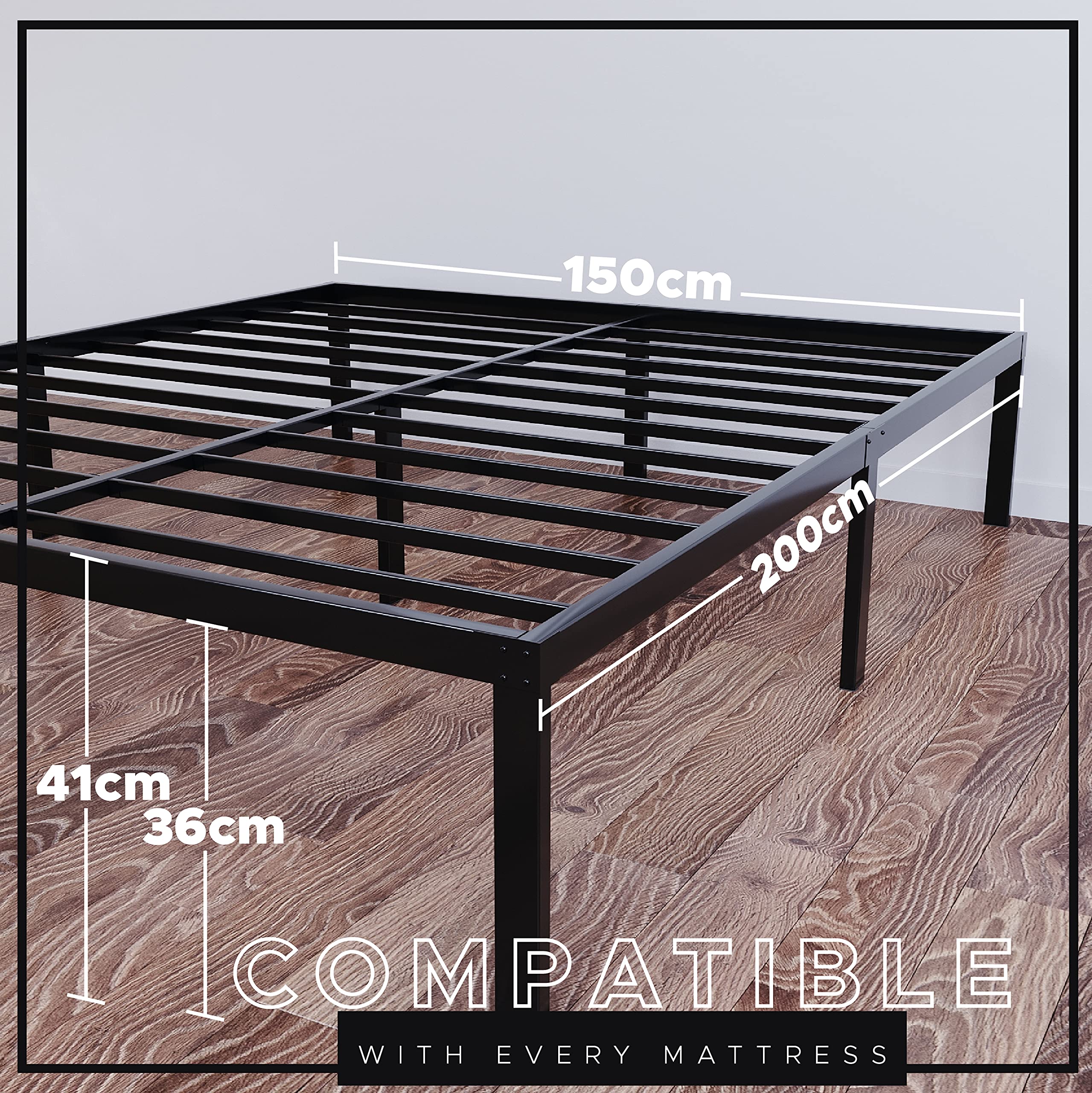 Dreamzie Metal Bed Frame 150x200 x 36 cm King Size Metal Base for Bed
