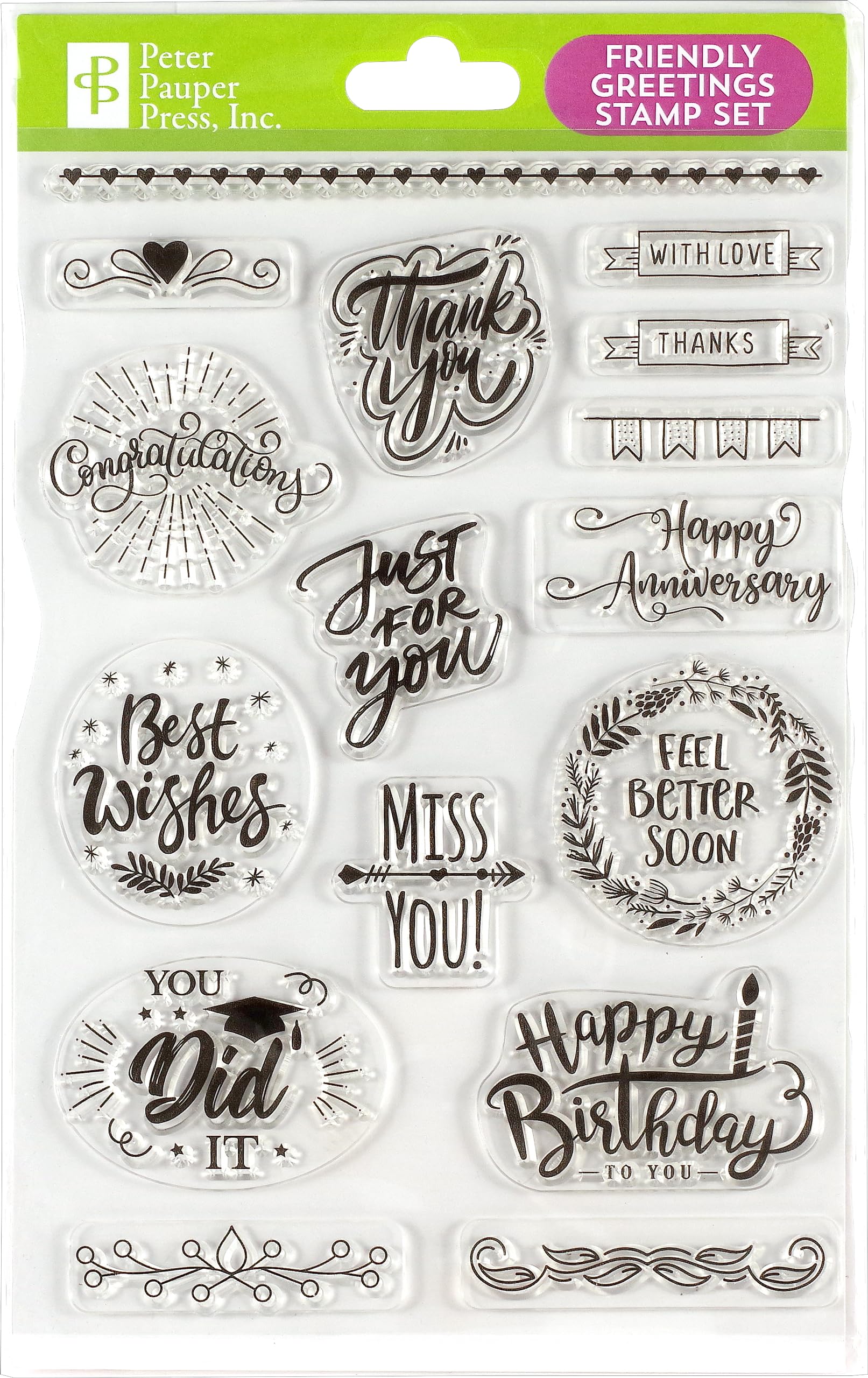 Peter Pauper Press White Friendly Greetings Clear Stamp Set (16 Individual Stamps),