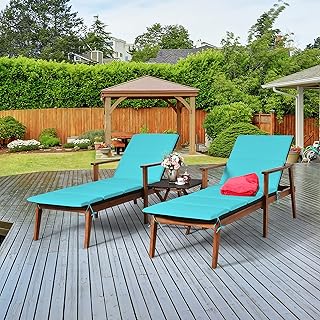 DORTALA Lounge Chair Set, Recliner Set of 2, Outdoor Patio Lounge Chair Set, w/ Rattan Top Bistro Table, 4 Adjustable Position, Wood Patio Recliner Set of 2, Rattan Lounge Set for Pool Side, Yard, Beach, Turquoise