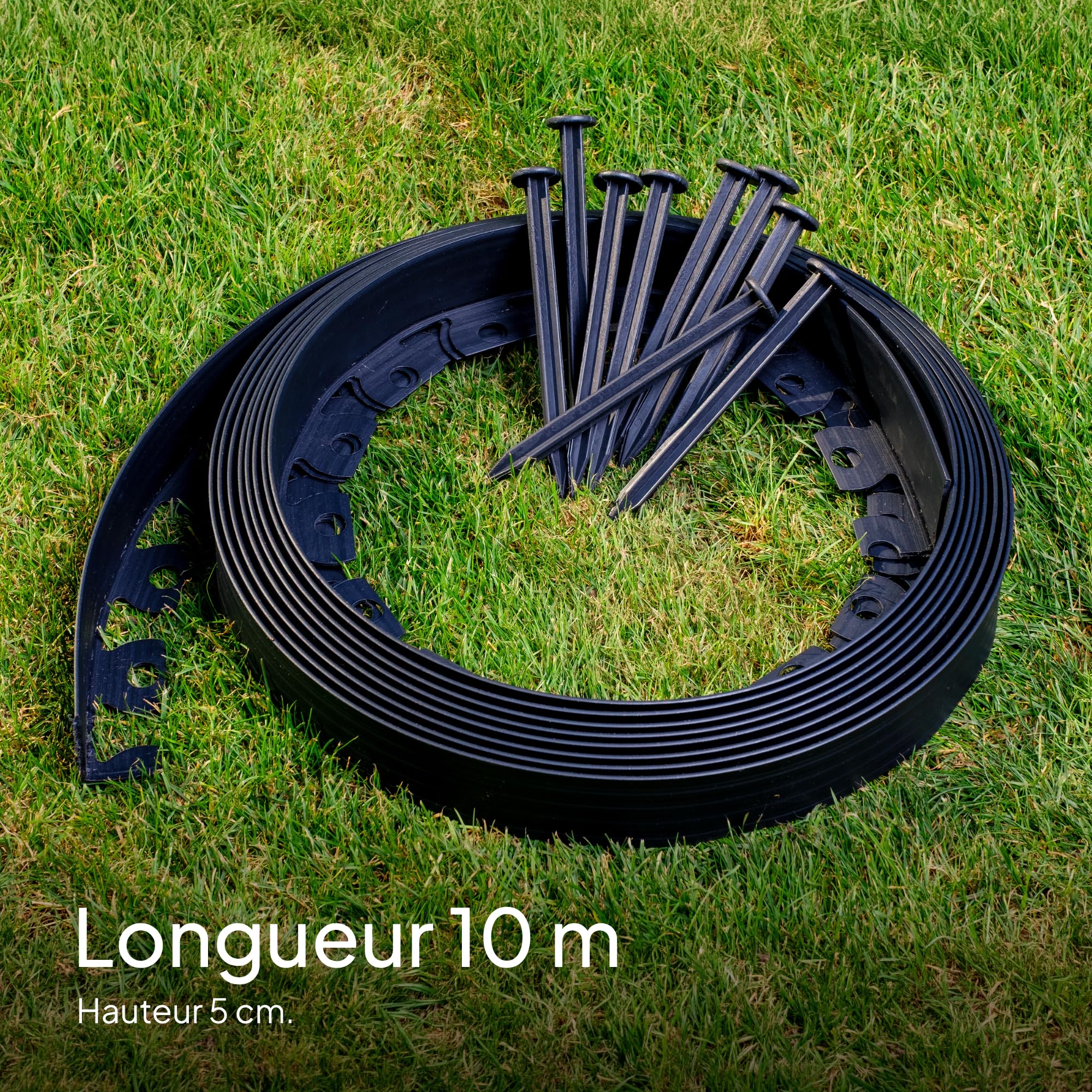 Bordure de Jardin en Plastique 10 mètres avec 30 Piquets d'ancrage - Bordurette de Jardin Flexible - Hauteur 50mm - Utilisation Facile, Noir