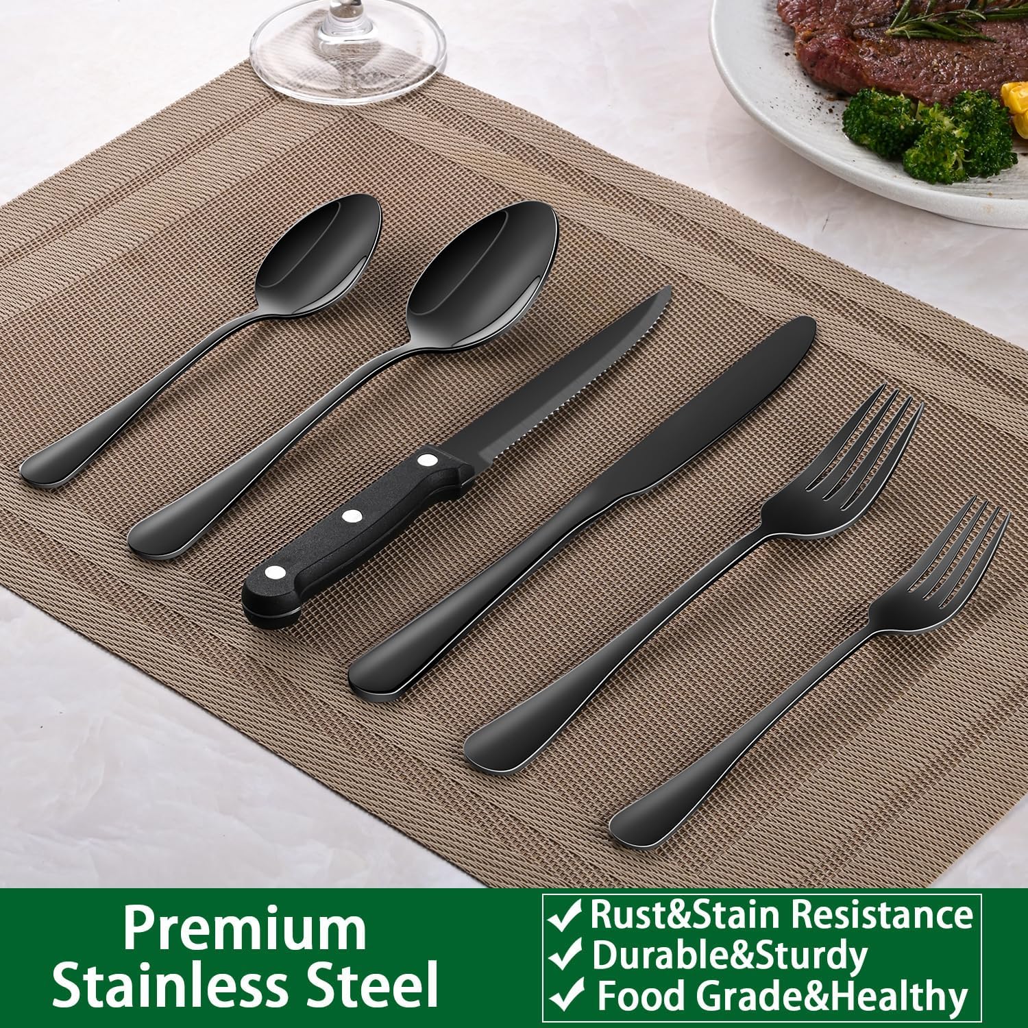 Black 49 Pieces Stainless Steel Flatware Sets With Organizer,Black Silverware Sets With Steak Knives Service For 8,Black Tableware Cutlery Sets For Home Kitchen