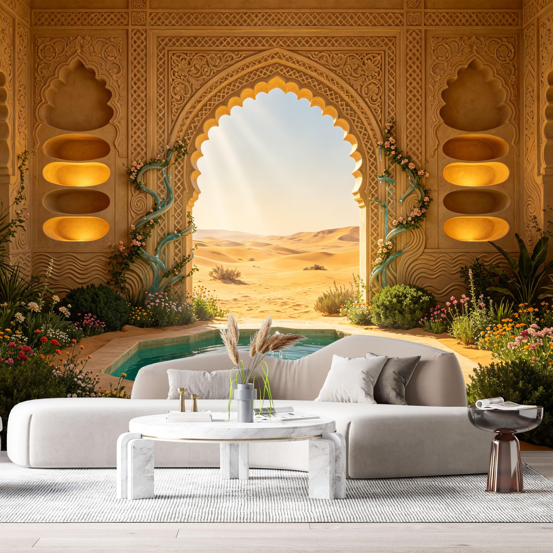 Custom Size Wall Murals Desert Oasis Archway Fountain 3D Trompe L'Oeil SelfAdhesiveWall Fabric Removable Wallpaper Wall Decor for Living Room Bedroom Bathroom