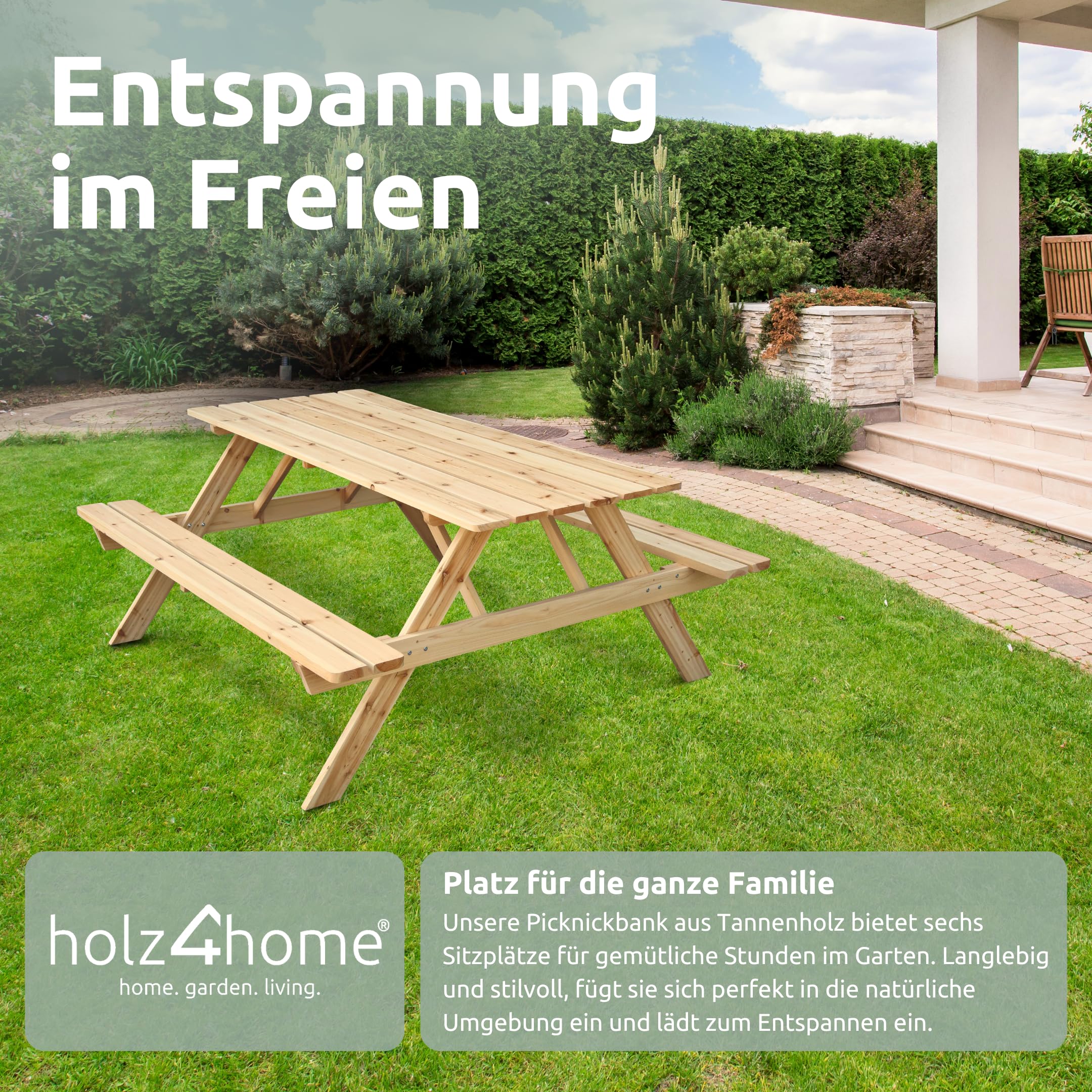 holz4home® Picknickbank aus Holz I Outdoor Sitzbank mit Tisch I Picknicktisch Massivholz Gartenmöbel I Naturholz Sitzgruppe Tisch mit Bänken I Für Garten Terrasse Gastronomie (140 cm)