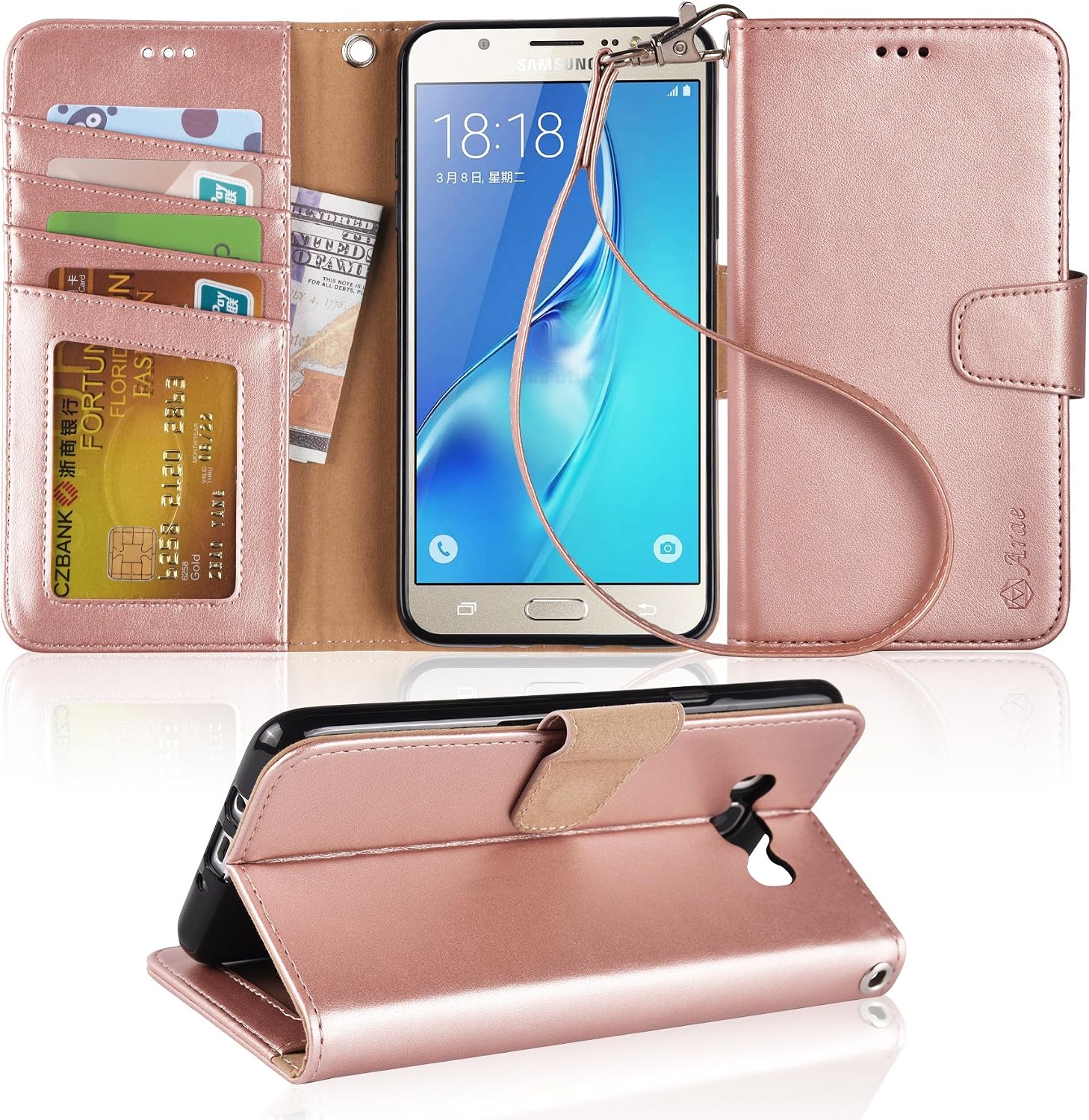 Arae Galaxy J7 Wallet Case with Kickstand and Flip Cover, Rosegold