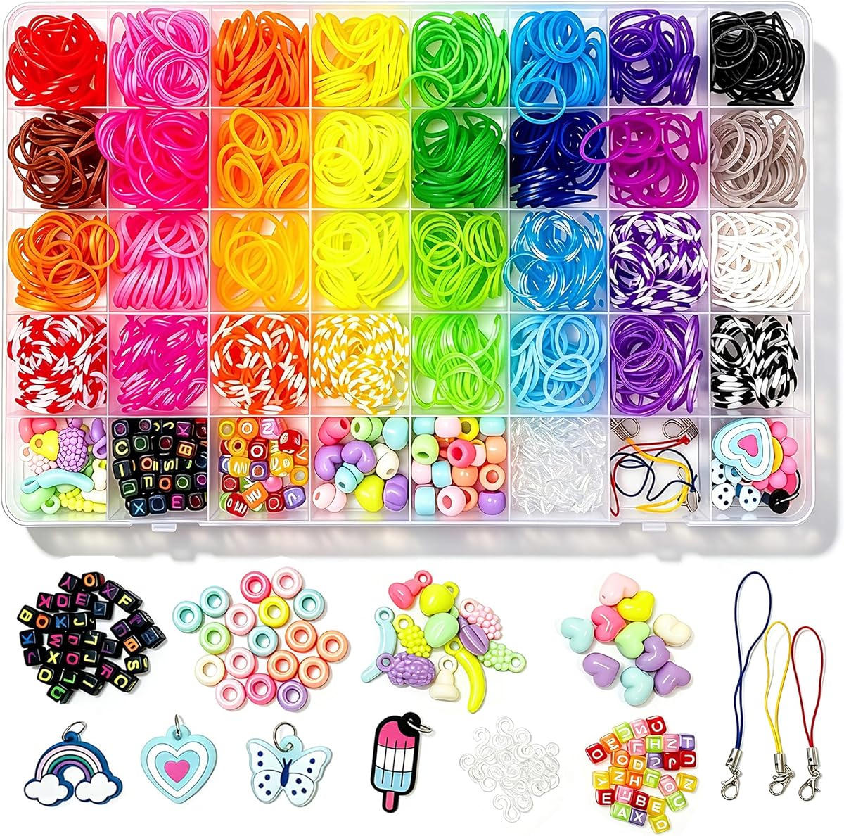 Kit de pulsera con banda de goma de 32 colores, juego de fabricación de pulseras con bandas de telar con cuentas, dijes para manualidades DIY