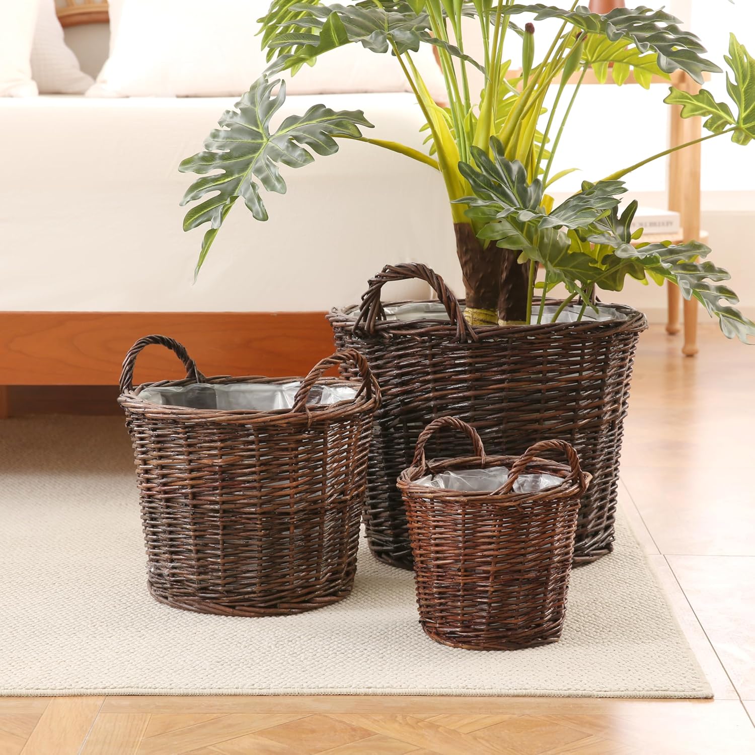 Handwoven Red Willow Planter Basket with Waterproof Liner – Natural Brown Decorative Flower Pot Holder for Indoor Use - Large Size (Inner Top Ø 14", Inner Height 10.6")
