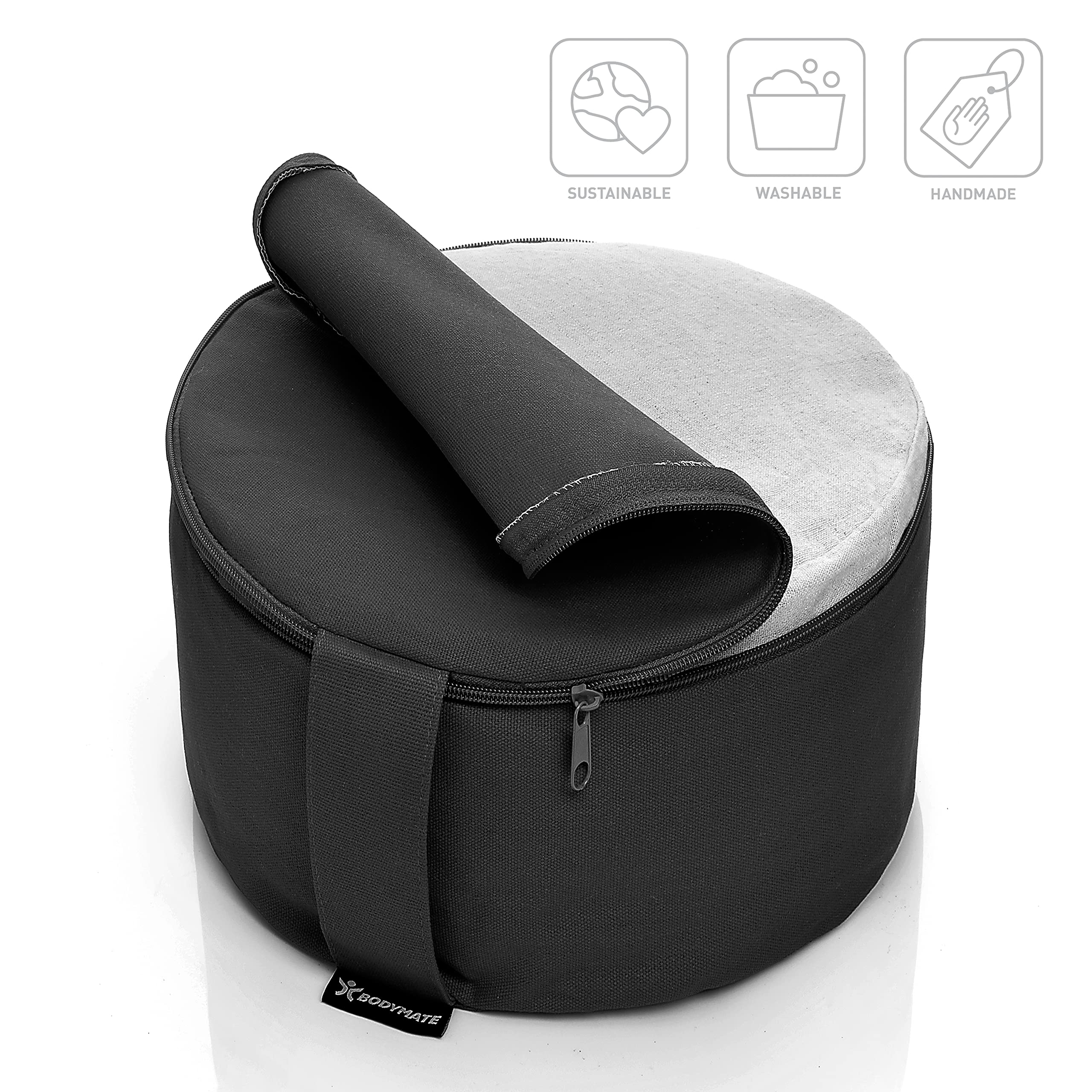 BODYMATE Yogakissen rund 31cm Durchmesser 16cm hoch mit Buchweizen-Spelz Füllung – Maschinenwaschbarer Bezug aus 100% extra Dicker Baumwolle – Meditationskissen – Sitzkissen