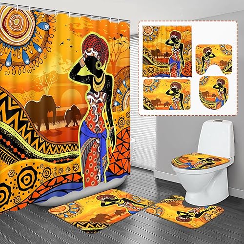 Ikfashoni Juego de 4 cortinas de ducha de mujer afroamericana con alfombras, juego de cortina de ducha de baño para niña negra, cortina de ducha con