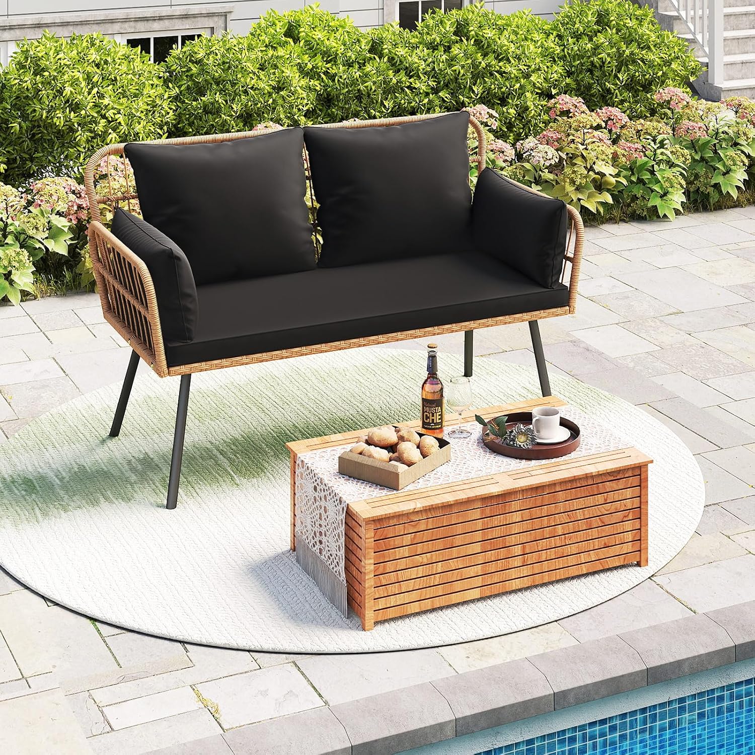 HAPPYGRILL Patio Loveseat Sofa Rattan Wicker 2-Seater Couch with Cushions & Lumbar Pillows, Metal Legs, Outdoor Furniture for Balcony, Porch, Deck (Black)