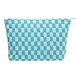 PAZIMIIK Knitted Checkered Makeup Bag Large Zipper Make Up Accessory Pouch for Purse Cosmetic Brush Bag for Travel Essential Lake Blue