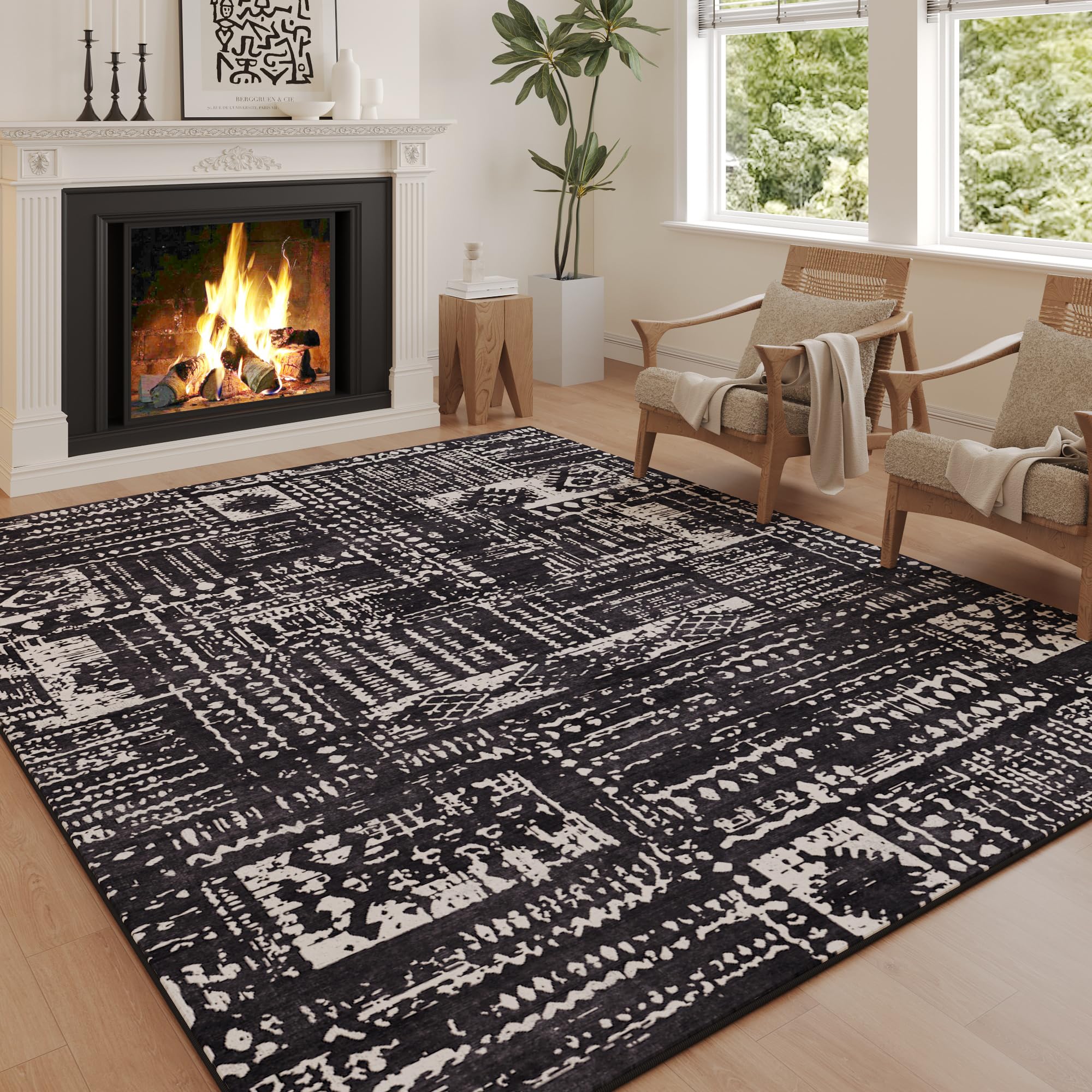 Area Rugs 9x12 Living Room Clearance Washable Boho Rug Non Slip Moroccan Vintage Low Pile Large Rug for Living Room, Bedroom, Farmhouse, Dining Room, Kids Playroom(Black)