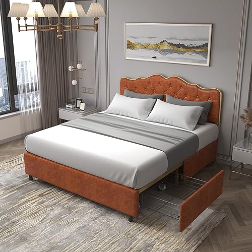 Base de cama tapizada de tamaño matrimonial con 4 cajones de almacenamiento y cabecero, plataforma de piel sintética con base de colchón, soporte de