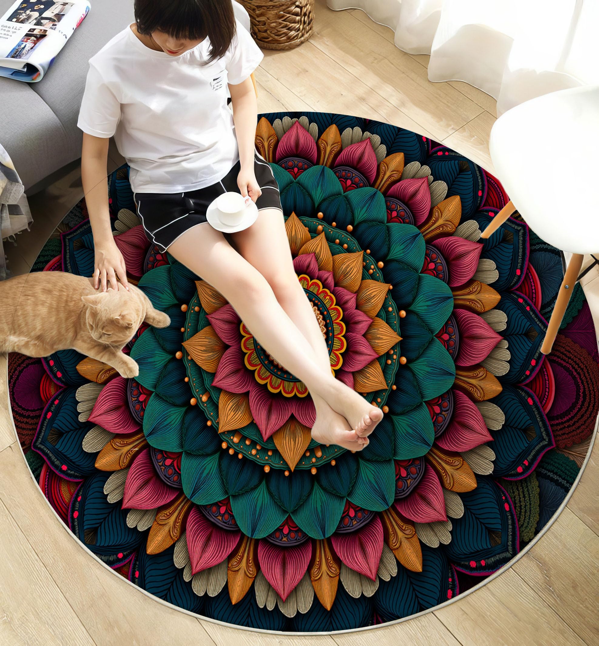 Rond Tapis pour Enfants Chambre, Mysticisme Ethnique Mandala Décoration, Lavable Antidérapant, Salon Doux Pelucheux intérieur Sol Décoration Maison Tapis (Vert foncé, 100cm)