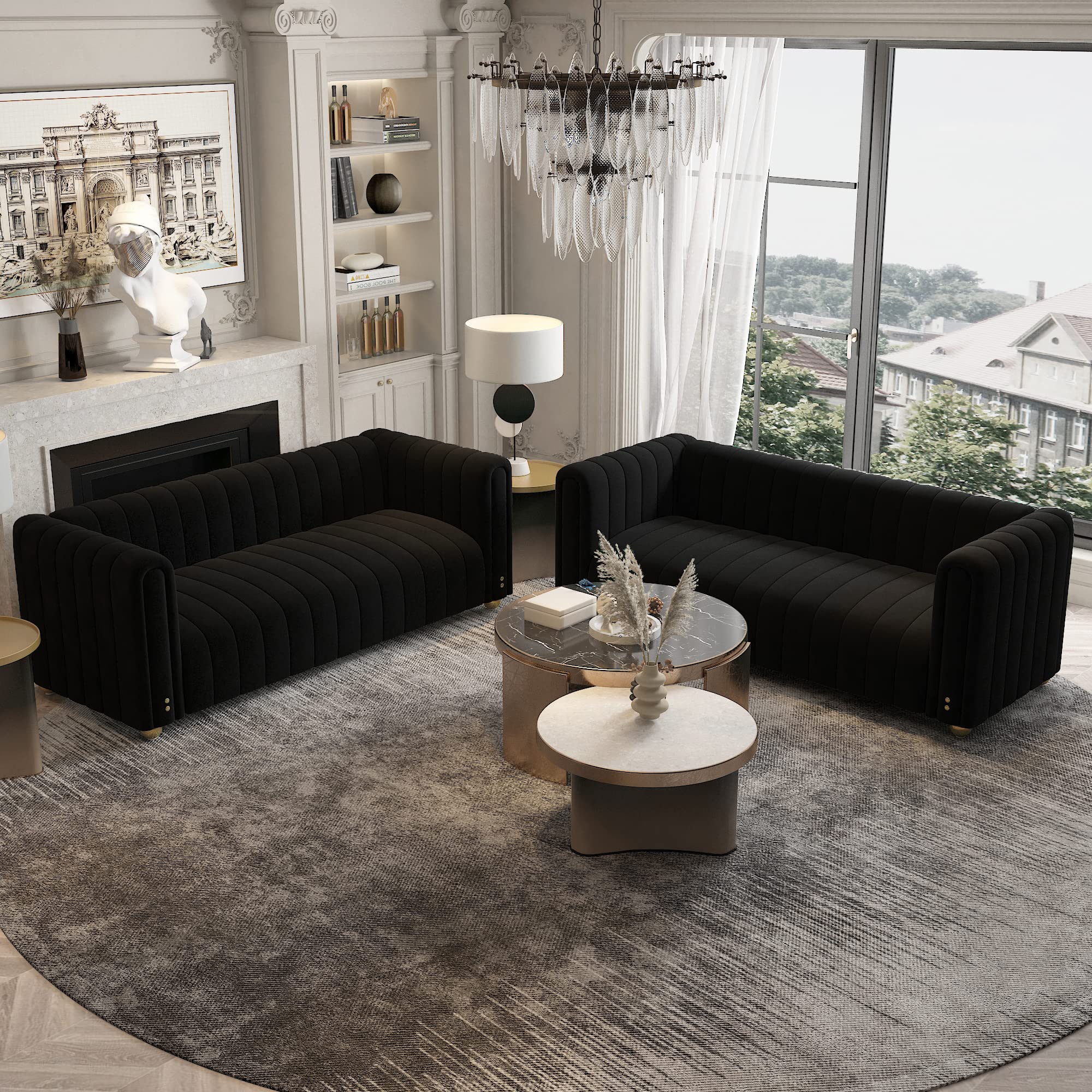 Black Sofa Living Room With Tv 3 Seat Sofa Couch PU Rolled Arm Sofa