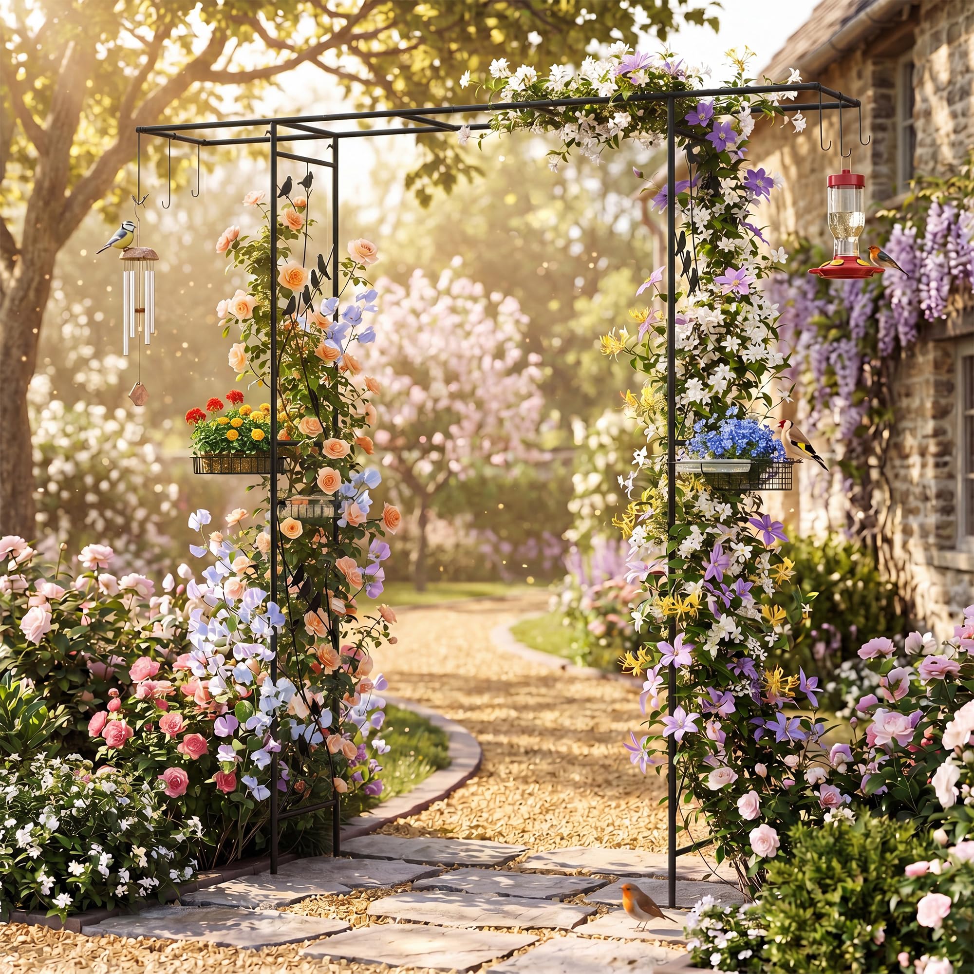 COSTWAY Mangiatoia per Uccelli da Giardino, Mangiatoia per Uccellini da Esterno con Arco per Piante Rampicanti, Vassoio a Rete e Kit di Gancio (Nero)