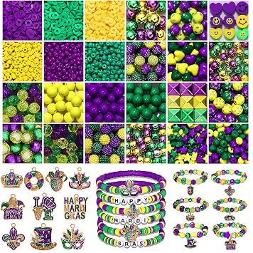 2100PCS+ Mardi Gras Beads for Jewelry Making, Purple Green Gold Polymer Clay Beads Assorted Rhinestone Crystal Acrylic Beads and Mardi Gras Mask Crown Charms for Bracelet Necklace Making DIY Crafts