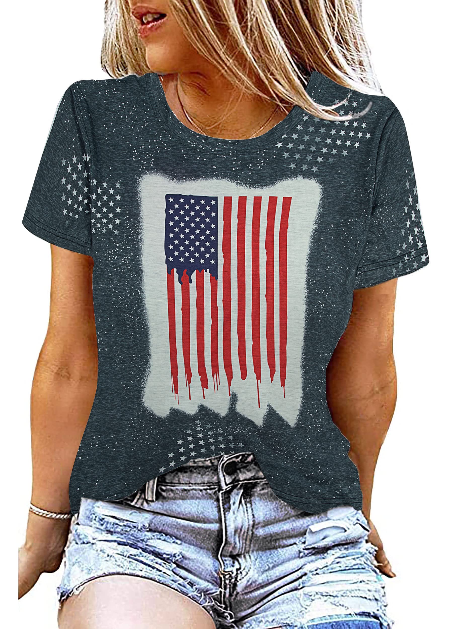 ASTANFY American Flag Shirt Women 4th of July Patriotic Bleached Tee USA Flag Stars Stripes Graphic T-Shirt