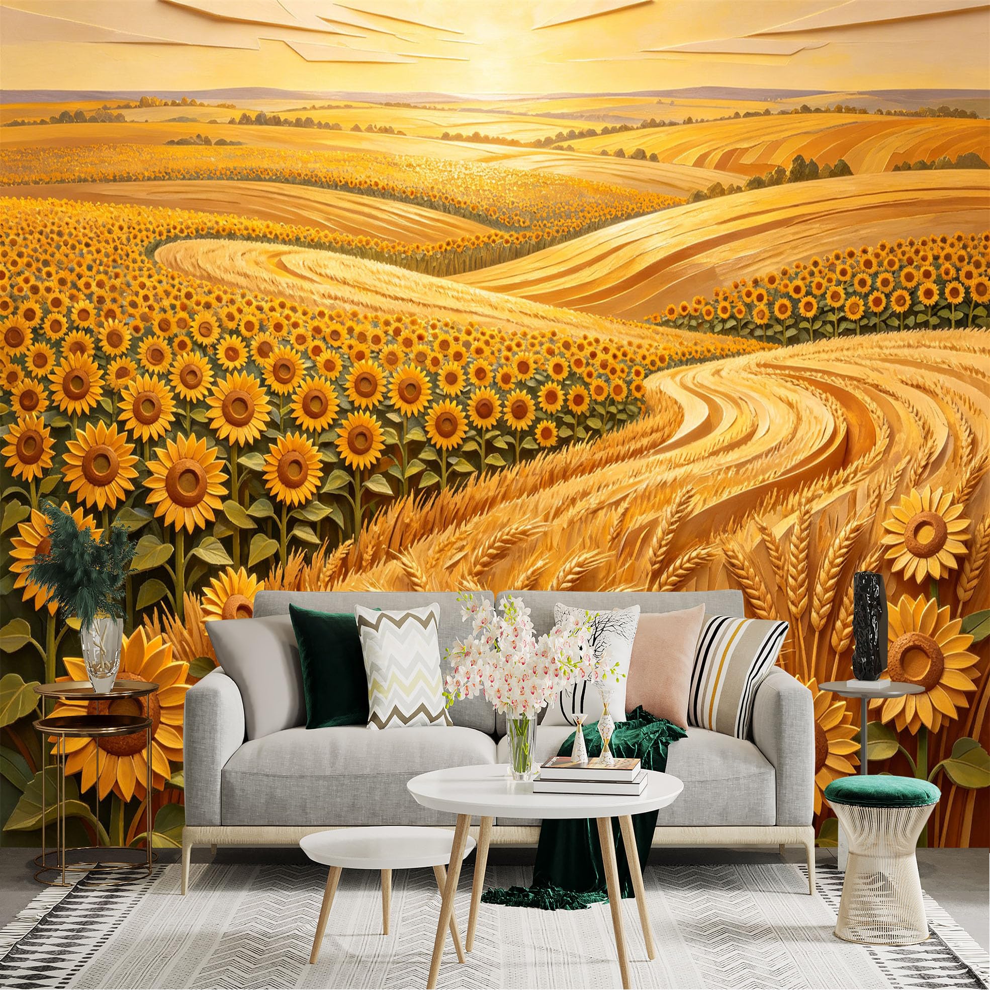 Lnzczhyre Dbh260521716 Custom Size Wall Sticker Mural， Golden Sunflower Field And Wheat Farm， Sunny Rural Landscape， Warm Harvest Scenery， For Wall Decoration， Peelandstick Wall Decals.