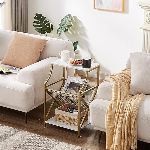Miniatura 16 de VECELO Mesita de noche de 3 niveles con soporte para revistas en forma de V, mesita de noche pequeña con estante de almacenamiento abierto para sala