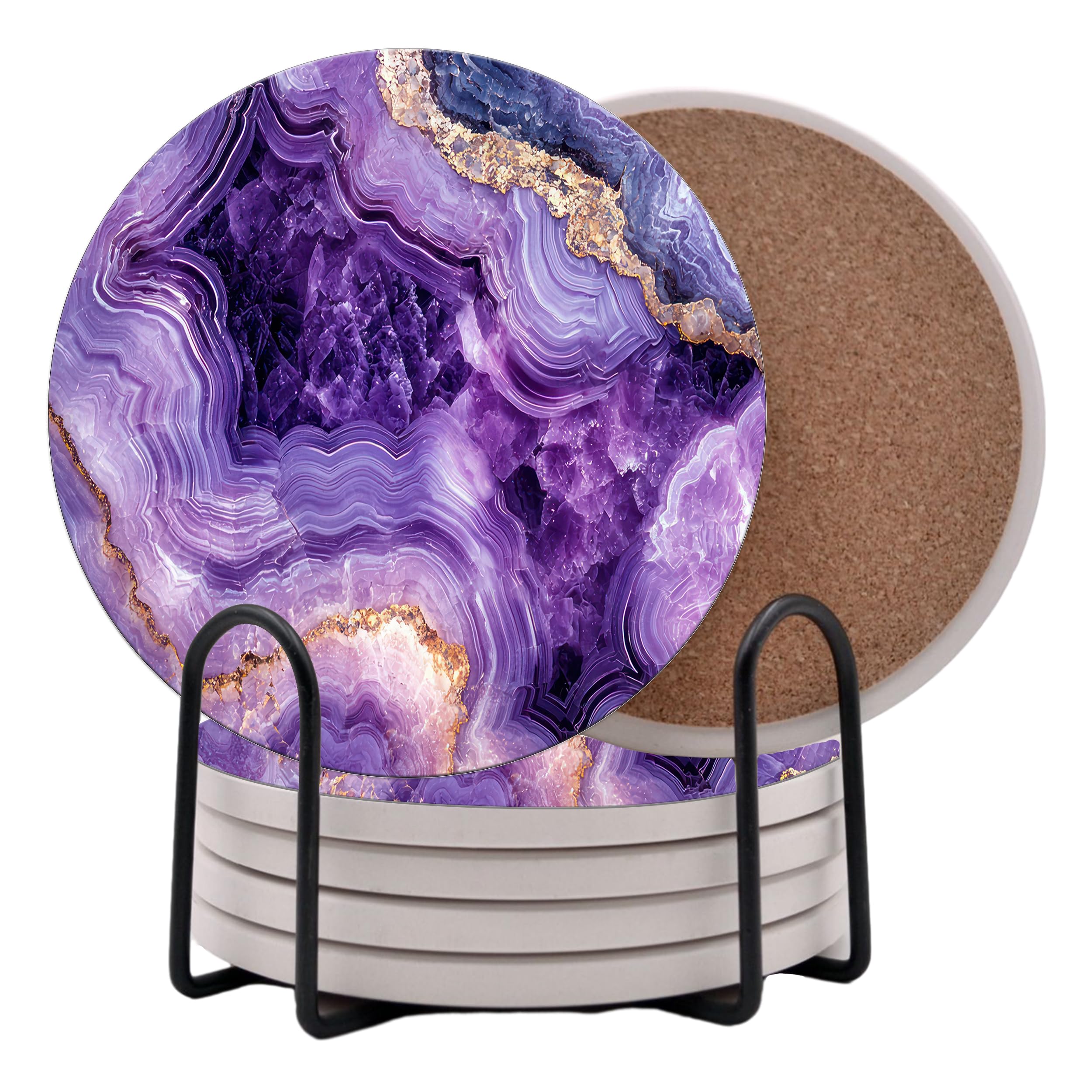 Purple Agate Marble Round Coasters Set of 6 - Abosrbent Ceramic Coasters with Metal Stand for Drinks, Coffee, Non-Slip Cork Back for Tabletop Protection, 4 Inches Marbled Pattern (Amethyst)