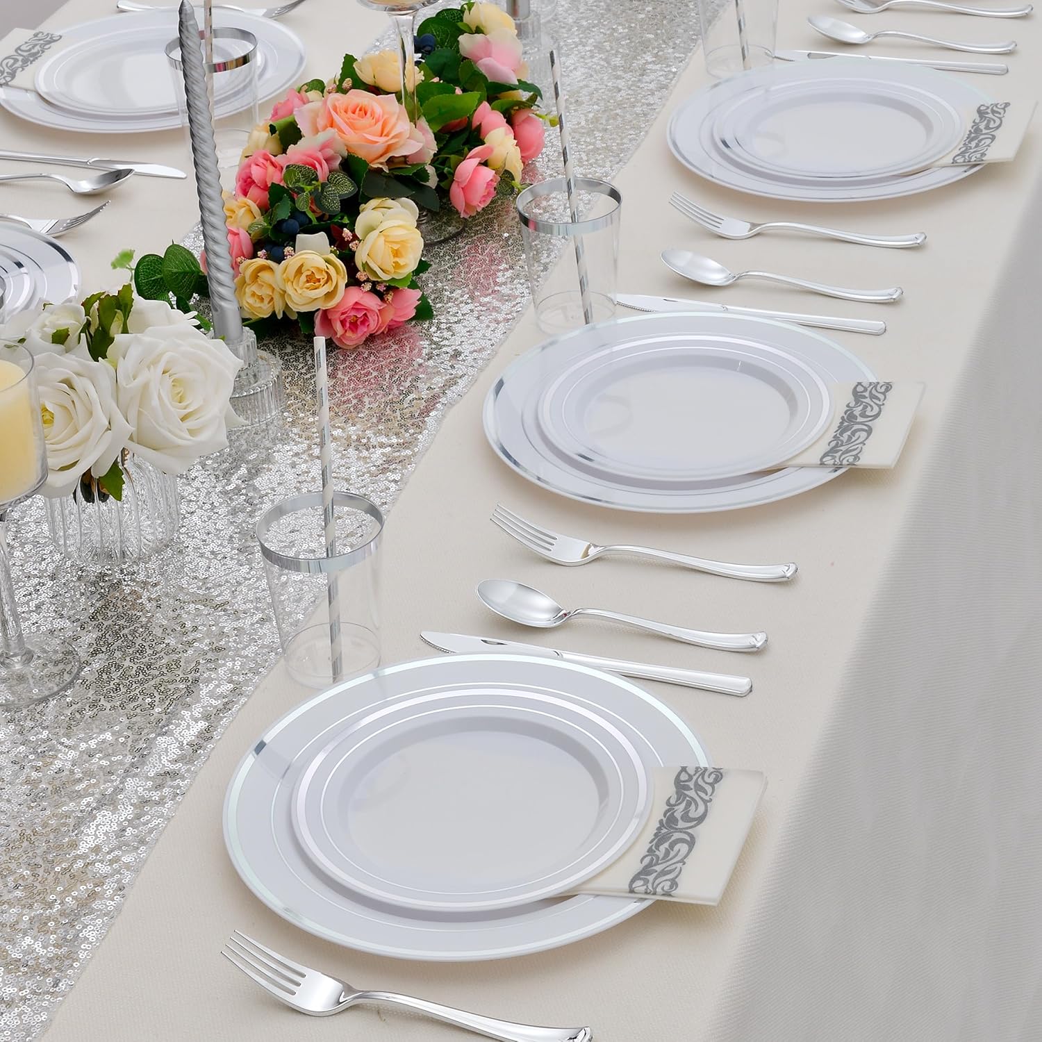 400 PCS Silver Plastic Silverware Set,Disposable Cutlery Set Heavy Duty Flatware for Party,Weddings-200 Silver Forks,100 Knives,100 Spoons