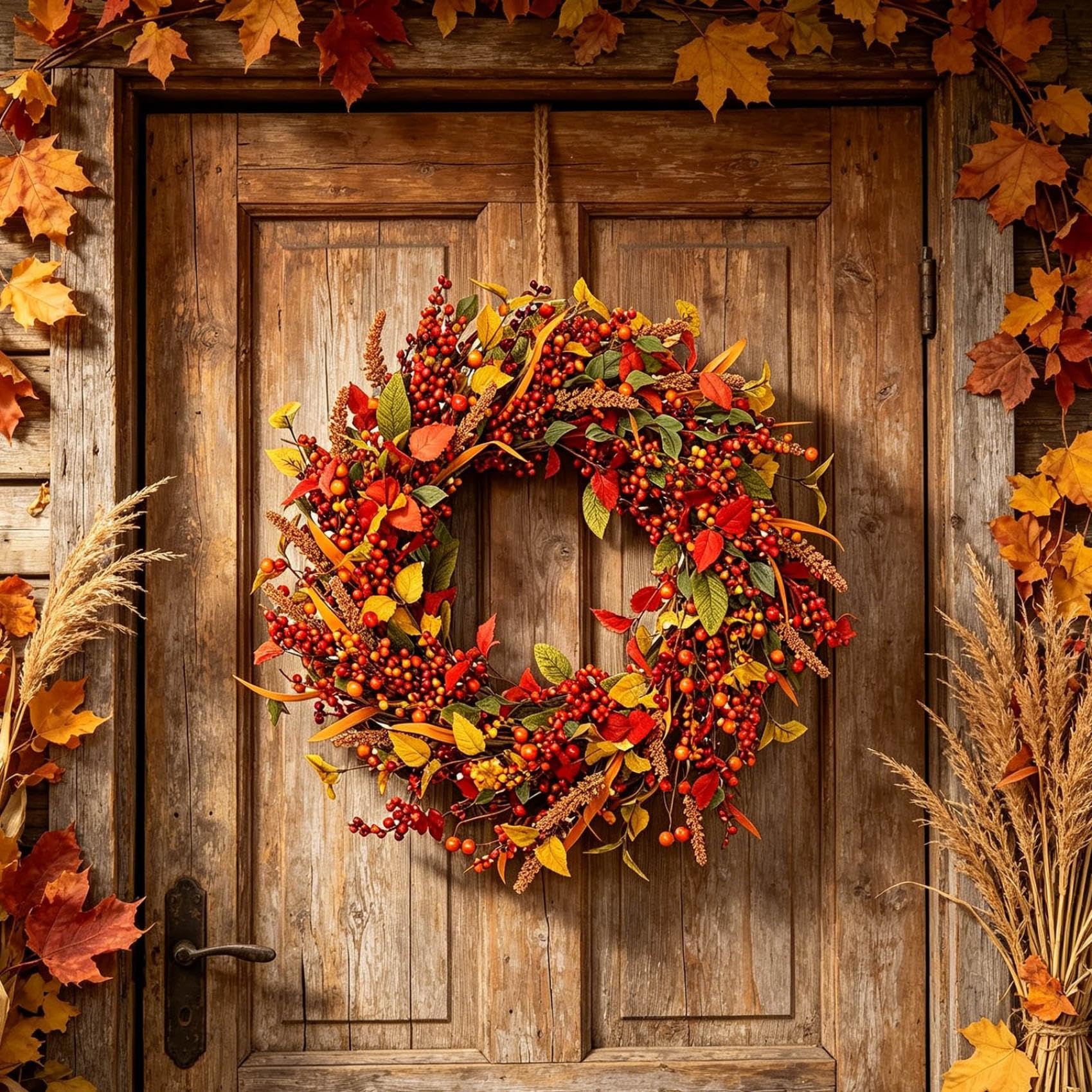 Autumn Swags for Front Door, 18in Fall Teardrop Swag Wreaths with Pumpkin, Sunflower and Maple Leaf, Farmhouse Fall Decoration for Thanksgiving Harvest Autumn, Indoor Outdoor Home Wall (Yellow_D)