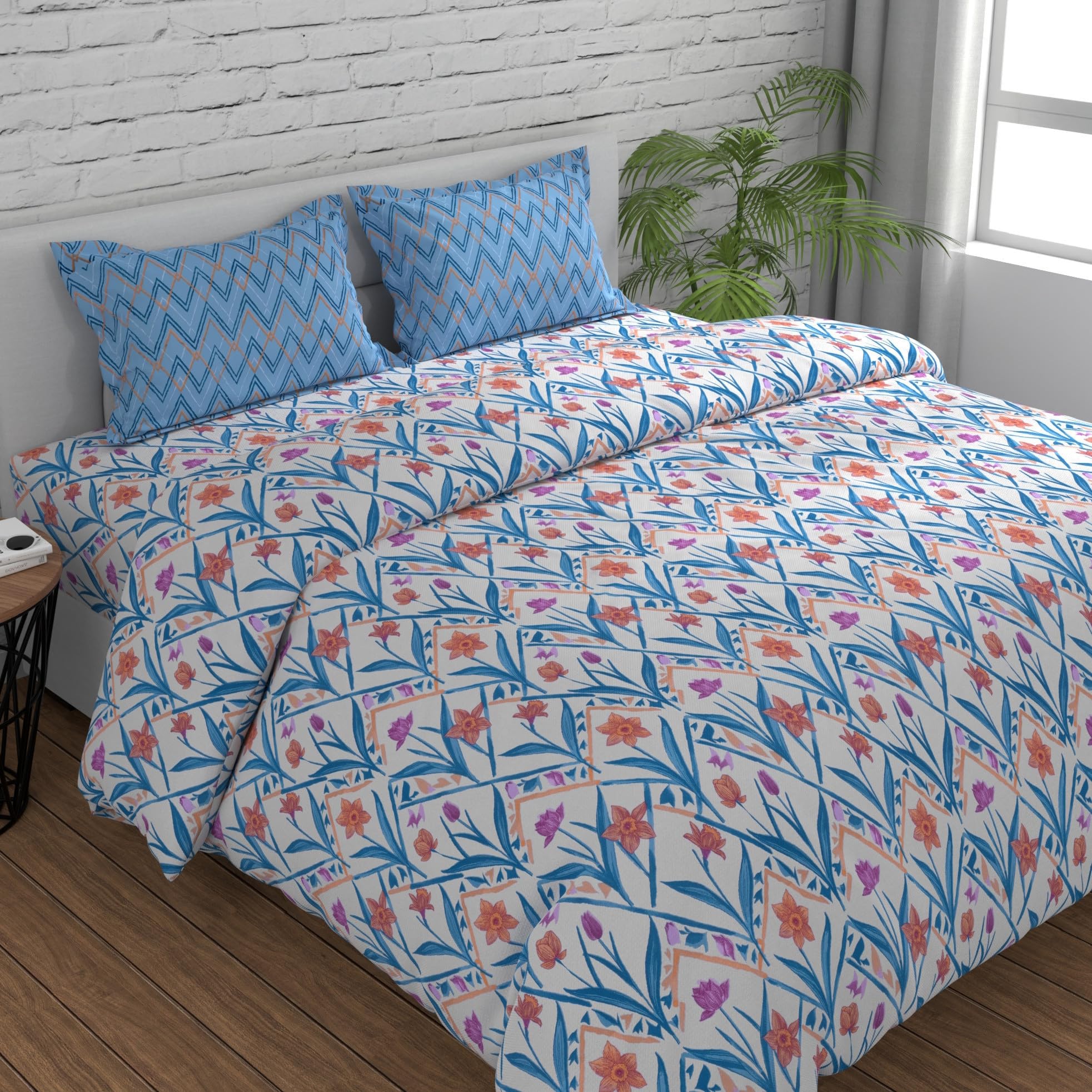 Huesland by Ahmedabad Cotton 144 TC Bedsheet for King Size Bed with 2 Pillow Covers | Botanical Chevron | 108 by 108 inch | Blue, Yellow & White (B0DFWSPQFF) Amazon Price History, Amazon Price Tracker