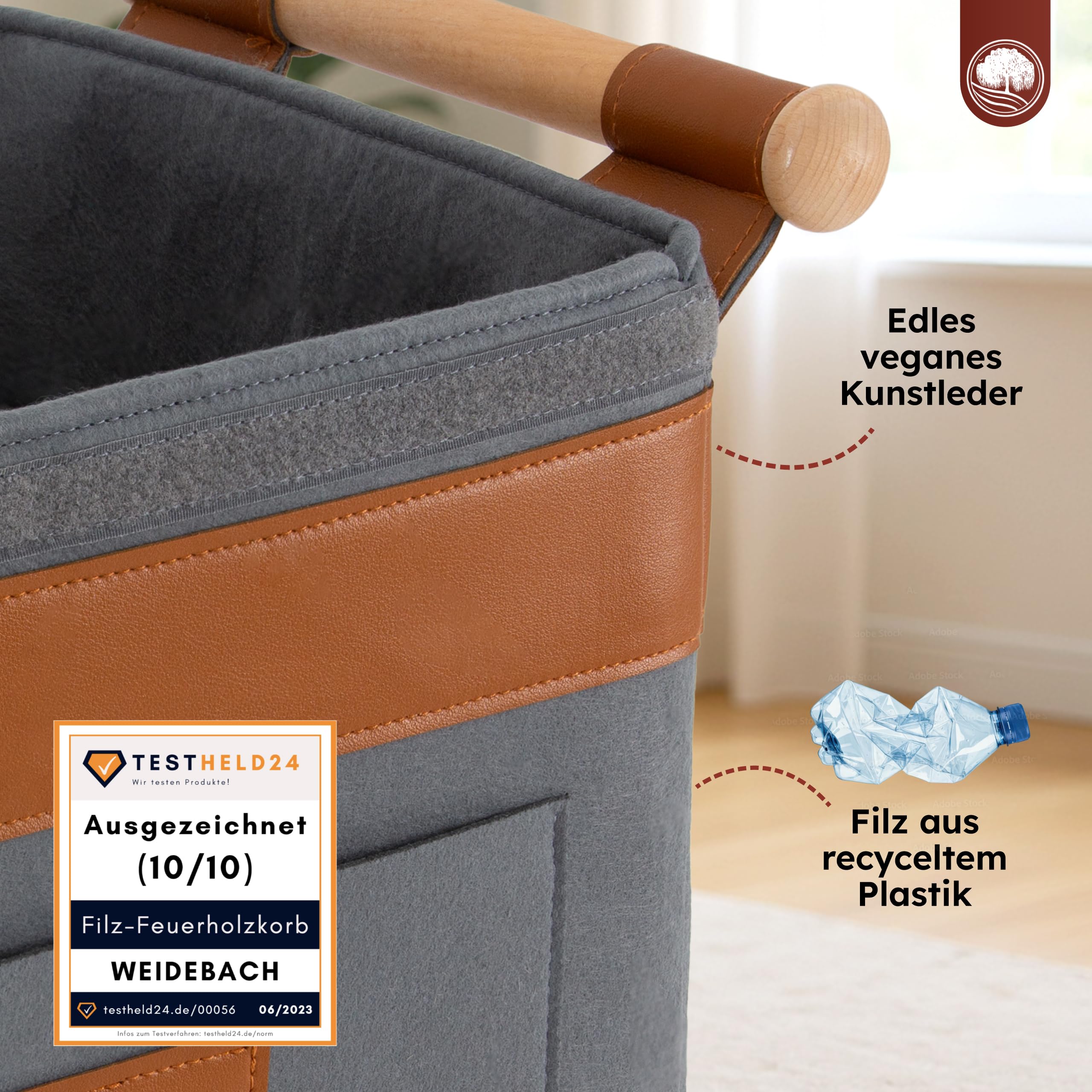 WEIDEBACH® Holzkorb für Kaminholz 35L (erweiterbar auf 50L), Kaminholzkorb grau schwer belastbar, Feuerholzkorb 40cm x 30cm x 30cm, Brennholzkorb mit rutschfestem Griff, Kaminholz Aufbewahrung