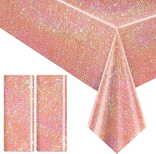 2 manteles holográficos de color oro rosa de 40 x 108 pulgadas, decoración brillante de despedida de soltera, mantel de plástico brillante con