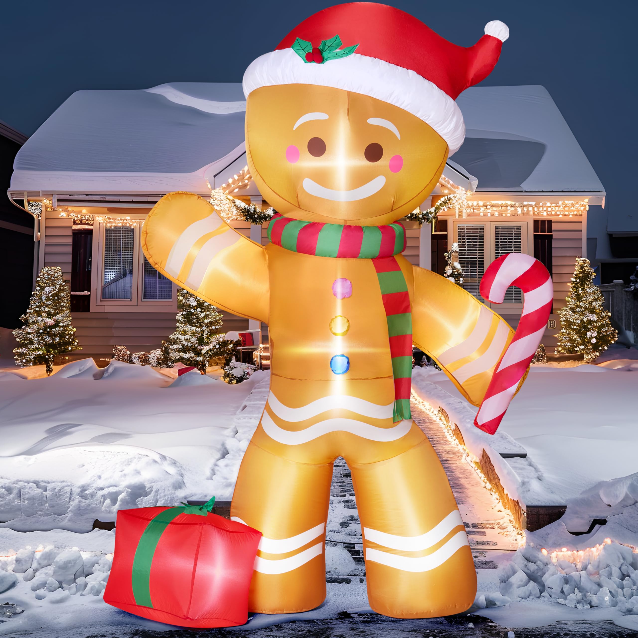 Joiedomi Bonhomme en pain d'épices gonflable de Noël de 2,4 m de haut avec sucre d'orge, décoration de cour gonflable en pain d'épices avec LED intégrées pour Noël, fête, extérieur, cour, jardin