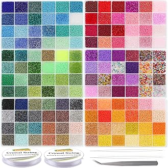 EuTengHao 57600pcs 2mm Glass Seed Beads Small Craft Beads for DIY Bracelet Necklaces Crafting Jewelry Making Supplies with Beading Needles Elastic Strings (144 Colors, 400Pcs Per Color)
