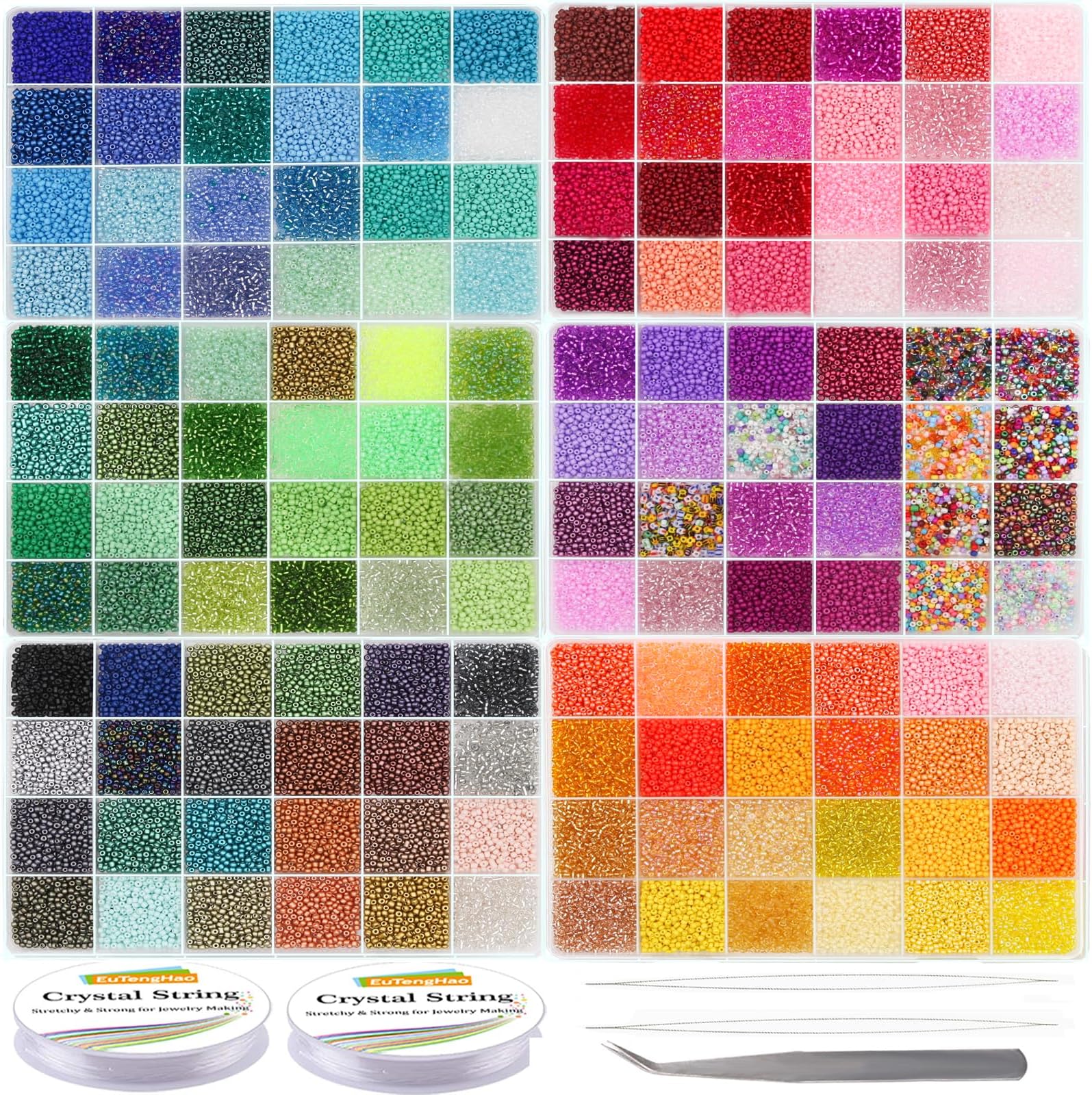 EuTengHao 57600pcs 2mm Glass Seed Beads Small Craft Beads for DIY Bracelet Necklaces Crafting Jewelry Making Supplies with Beading Needles Elastic Strings (144 Colors, 400Pcs Per Color)