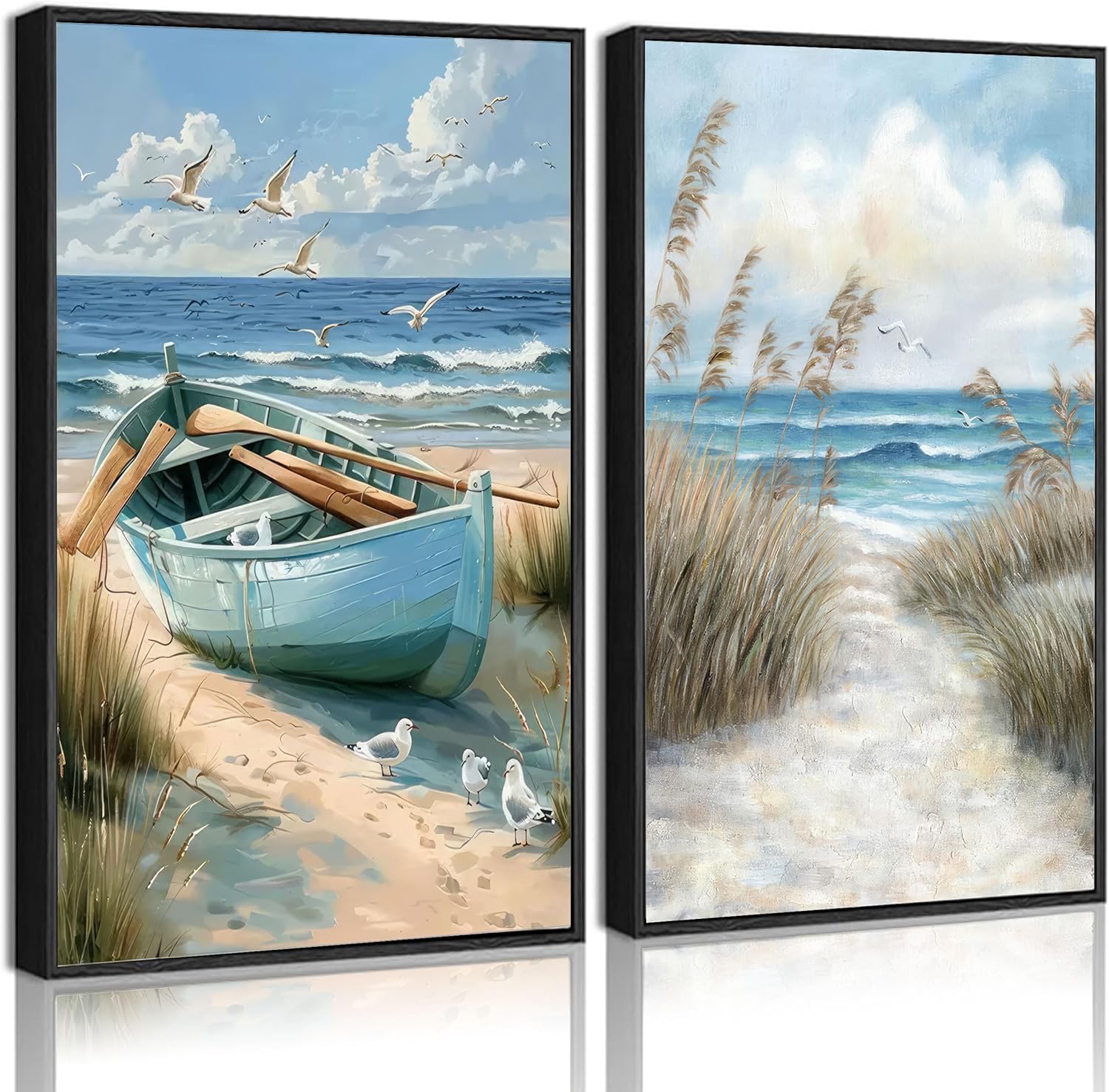 2Pcs Blue Coastal Canvas Wall Art Beach Boat Posters Prints