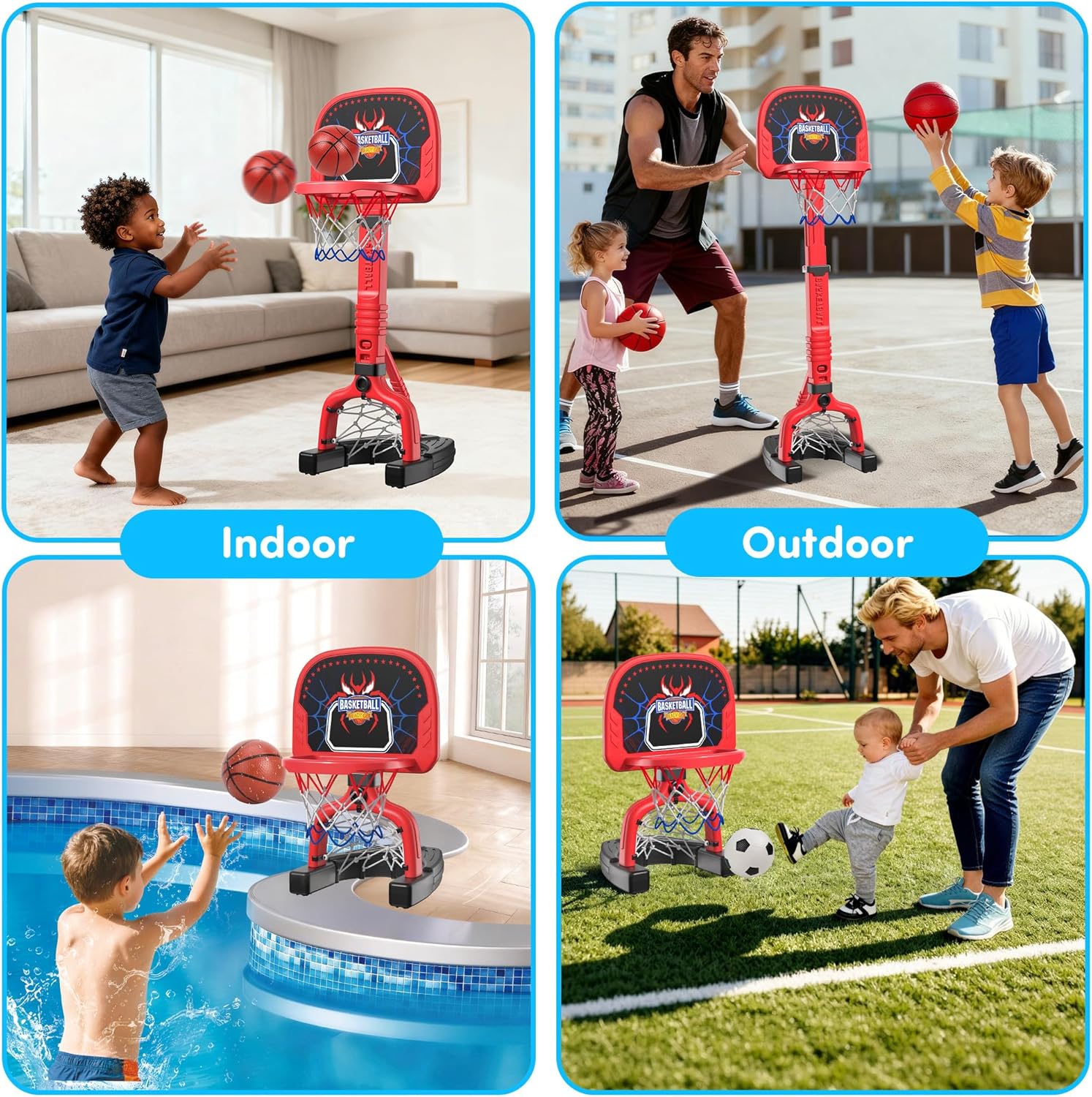 PJG Toddler Basketball Hoop & Soccer Goal Ages 1 2 3 4 5, Adjustable Indoor Basketball Hoop for Kids 1-3 3-5, Spider Toys Baby Mini Basketball Hoops with 4 Balls for Boys Girls Birthday Gift (Red)