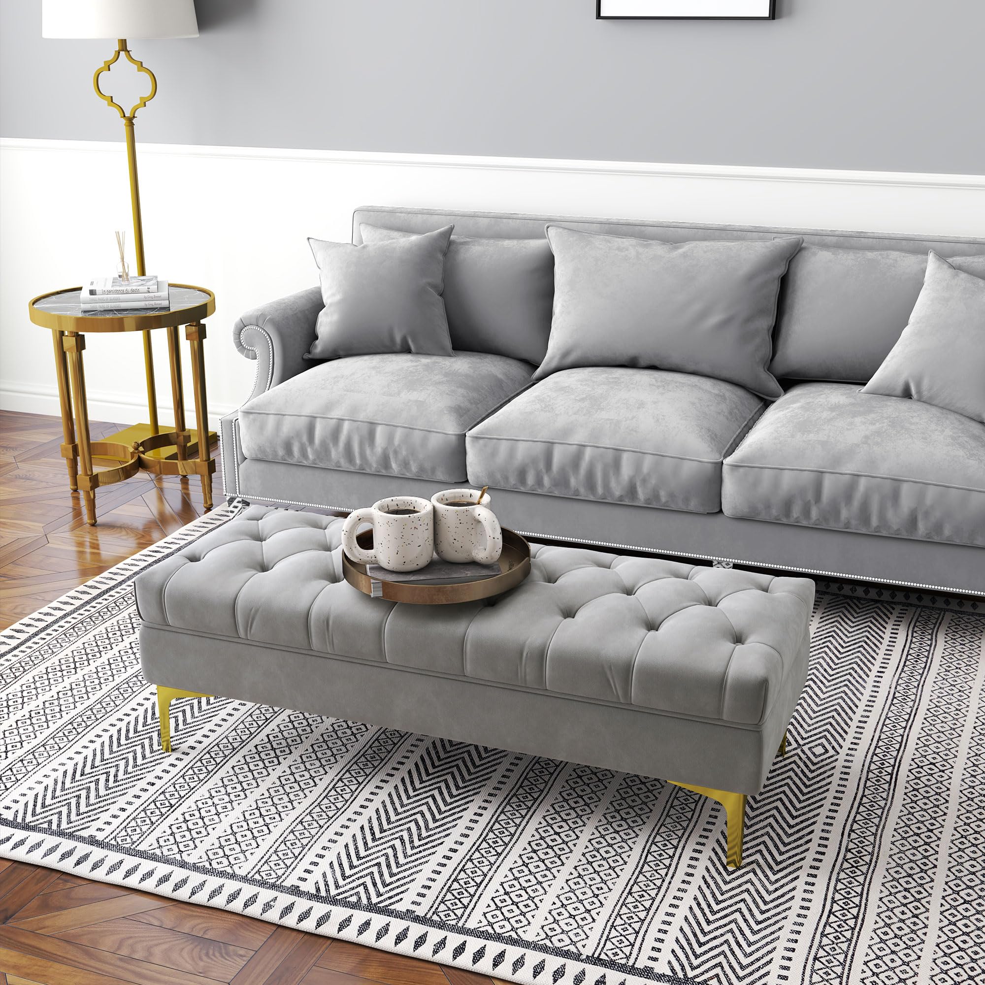 HOMCOM Banco Pie de Cama Taburete Pie de Cama con Asiento Acolchado y Patas Metálicas Banqueta de Dormitorio para Entrada Pasillo Carga 120 kg 118x45x42 cm Gris