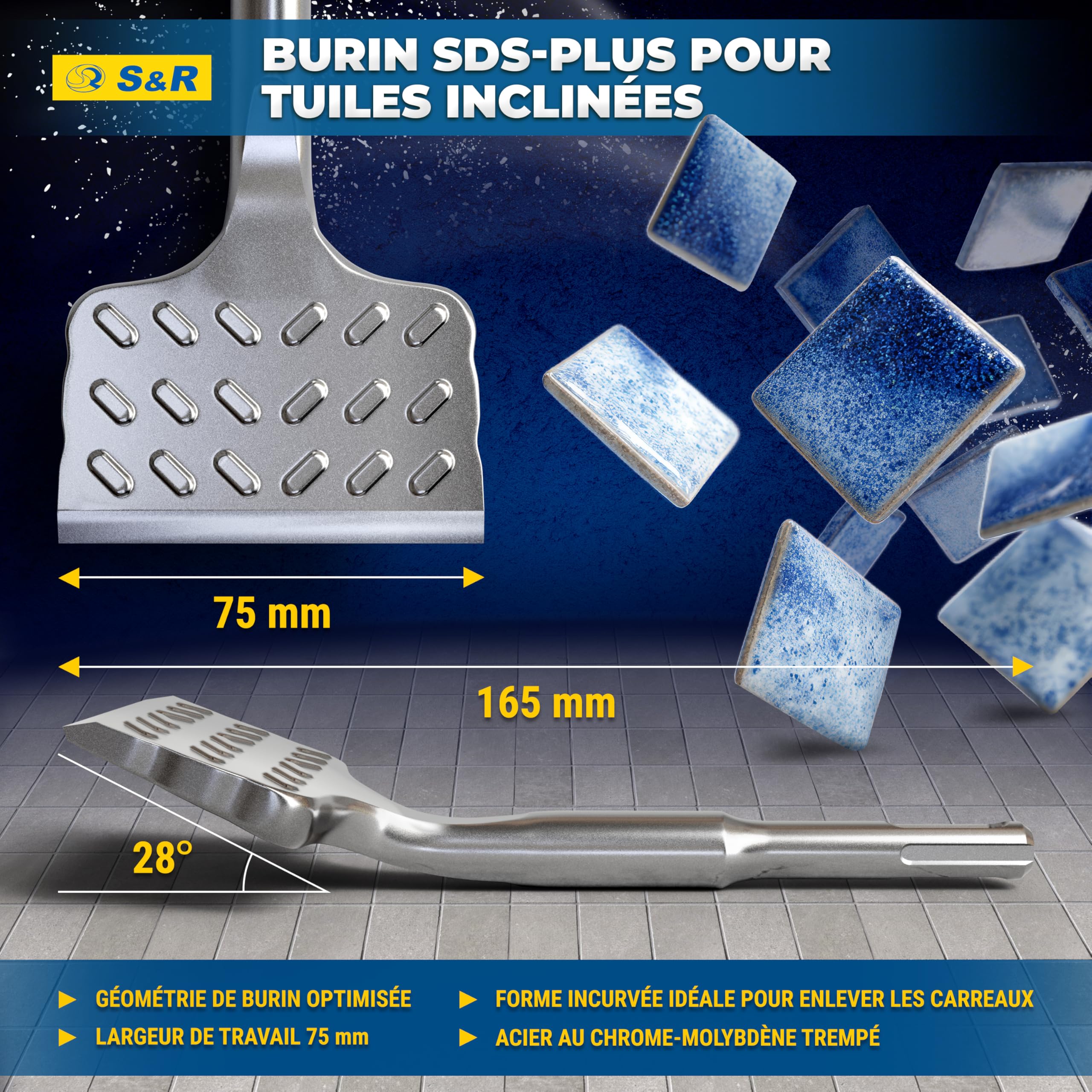 S&R Burin SDS PLUS Carrelage Burin Plat pour Carreleur 165 x 75mm Qualité Industrielle. Fabrication Allemande. Burin Perforatetur SDS-Plus