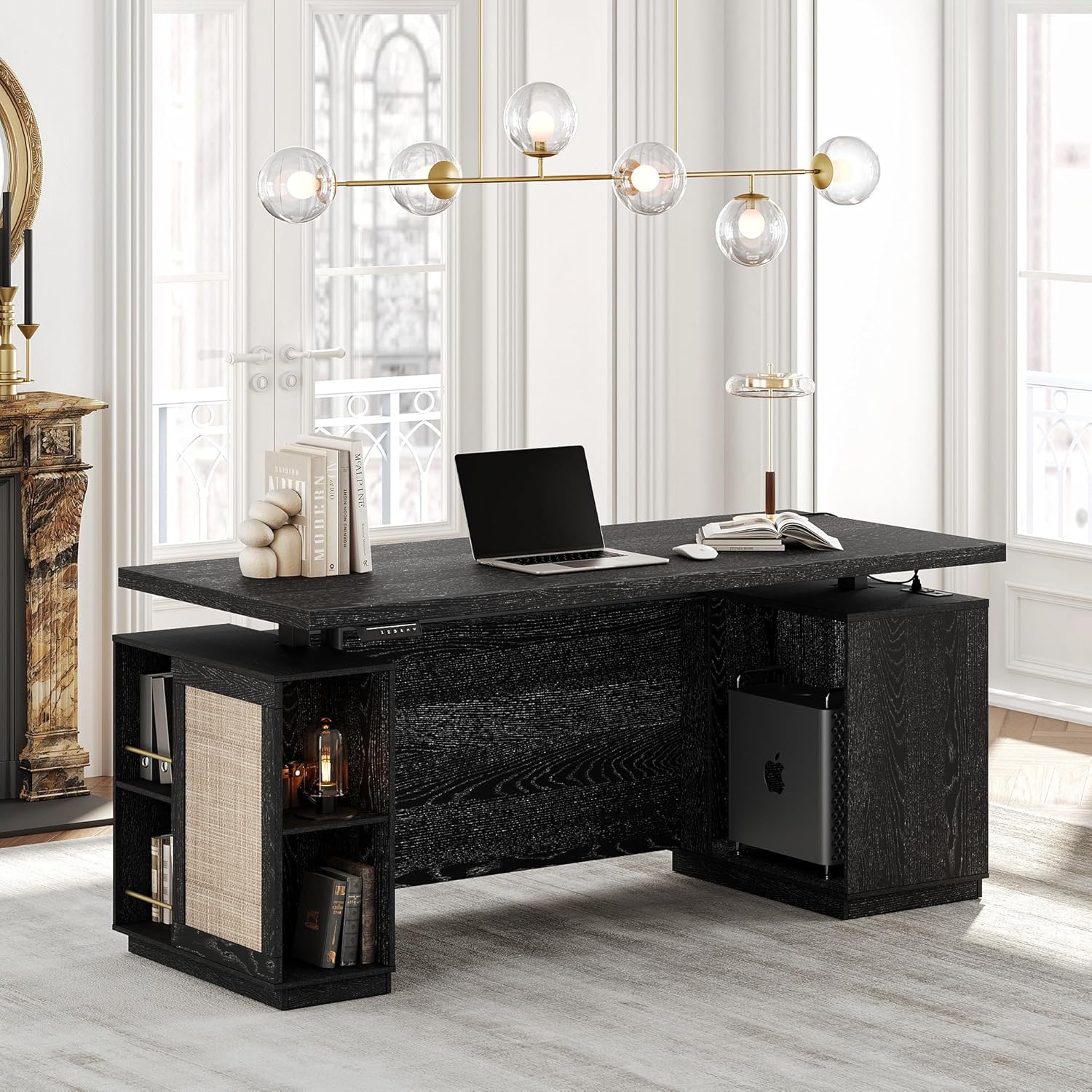 70″ Standing Desk with Storage, Executive Electric Height Adjustable Stand Up Desk with AC/USB and Privacy Panel, Large One-Piece Destop, Rattan Computer Desk for Home Office, Black