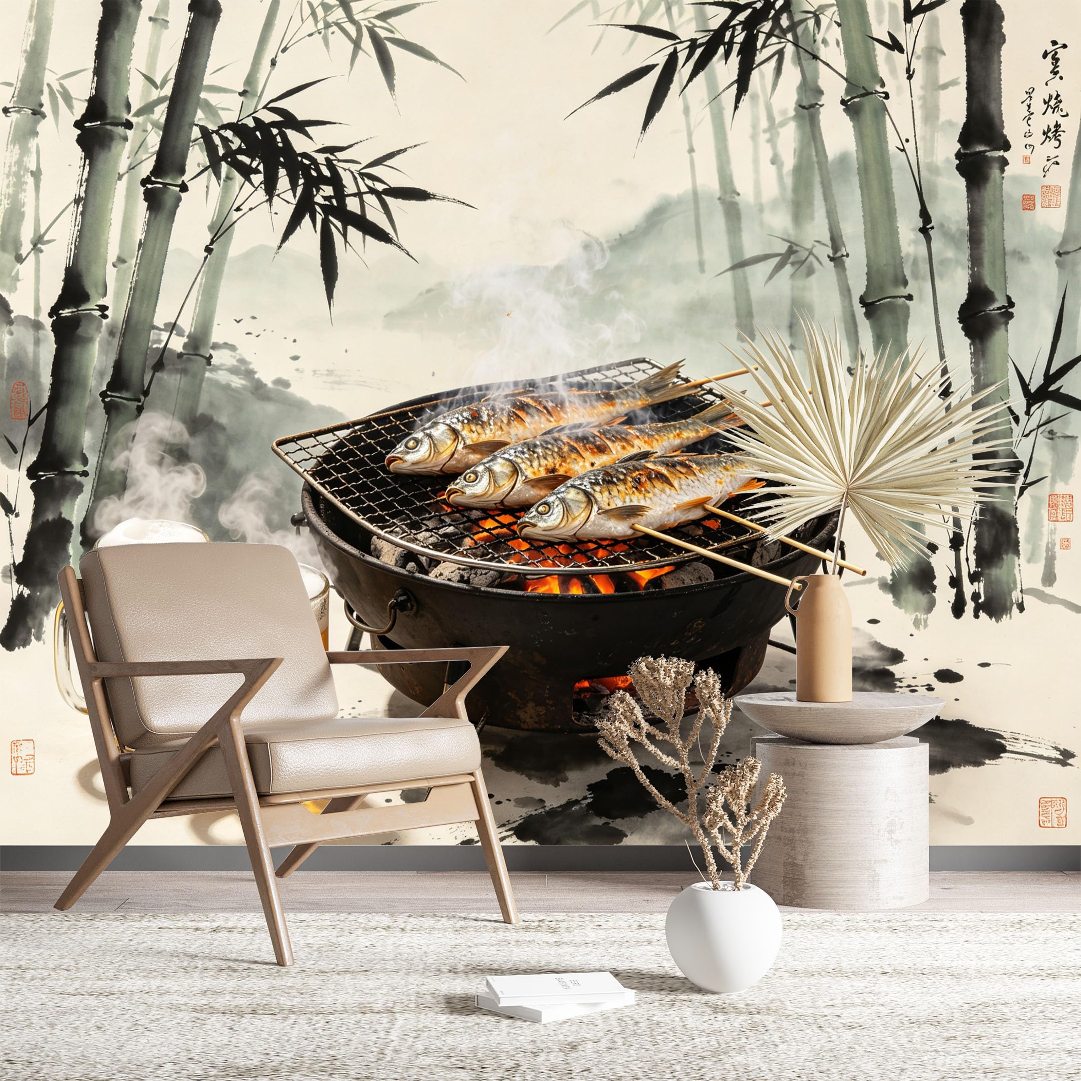 Custom Size Wall Murals Chinese Ink Style BBQ Fish with Beer Vivid Self-Adhesive Wall Fabric (NO PVC) Removable Wallpaper for Kitchen Dining Room