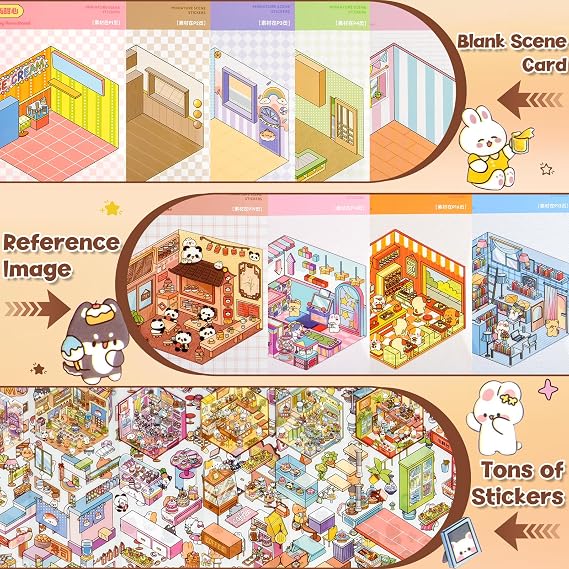 ASTARON 20 Sets DIY 3D Sticker Scene Book for Adults, Make Your Own Mini Cozy Shop House Room Stickers Cute Cartoon Miniature Stickers for Girls, Relief Stress Pass The Time