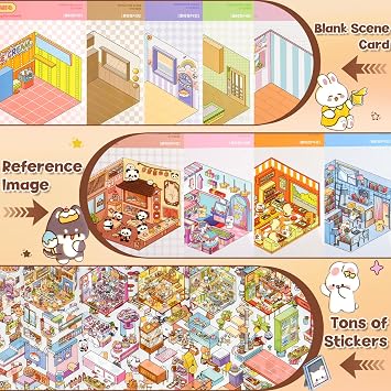 ASTARON 20 Sets DIY 3D Sticker Scene Book for Adults, Make Your Own Mini Cozy Shop House Room Stickers Cute Cartoon Miniature Stickers for Girls, Relief Stress Pass The Time