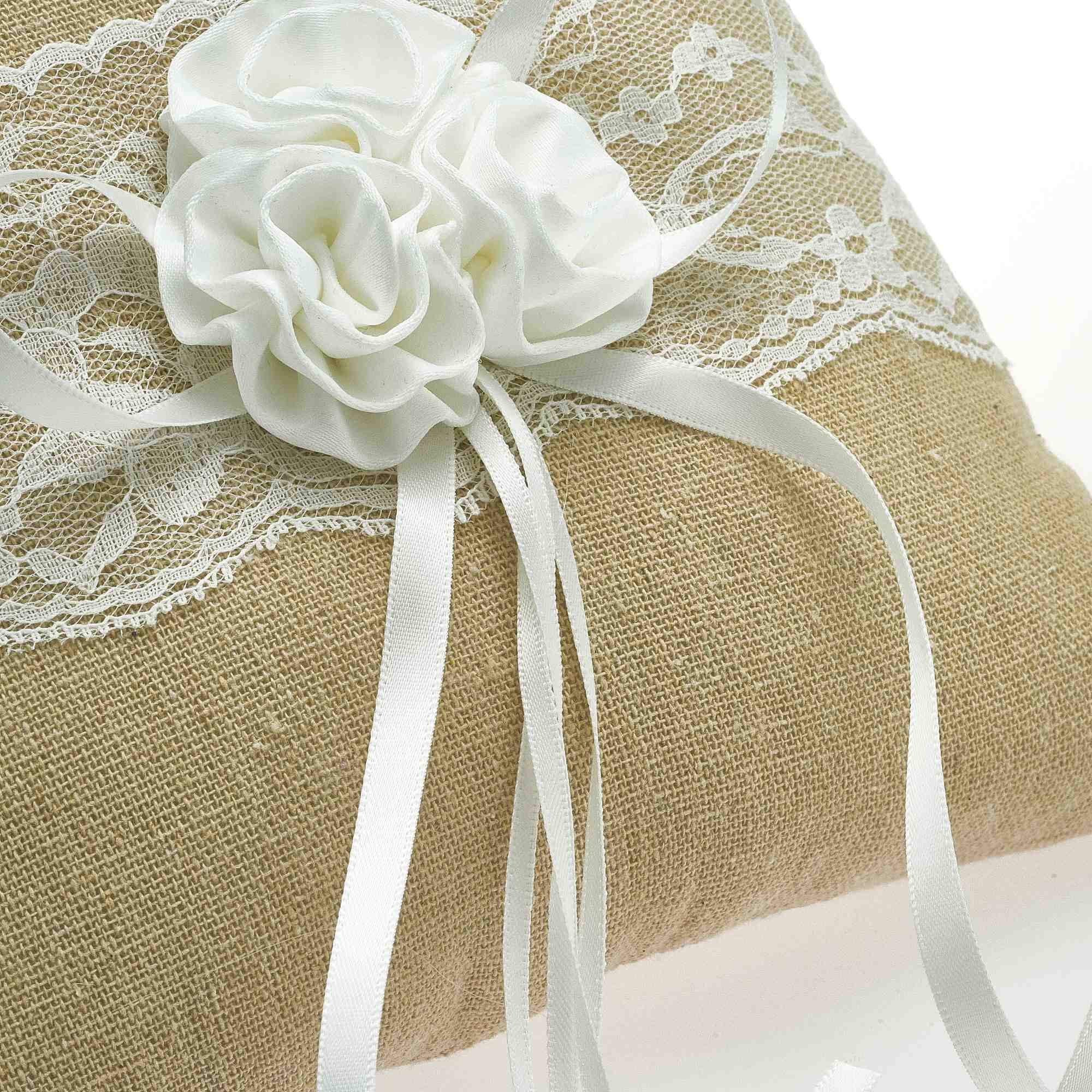 EinsSein 1x Almohada de Anillos Boda Set Flor de Yute 18x18 Grande + 2X Cesta de Flores Porta Bodas alianzas cojin Anillo Cojines Arras Caja Cajas Originales y Cesta niño Raso Rustico Llevar los