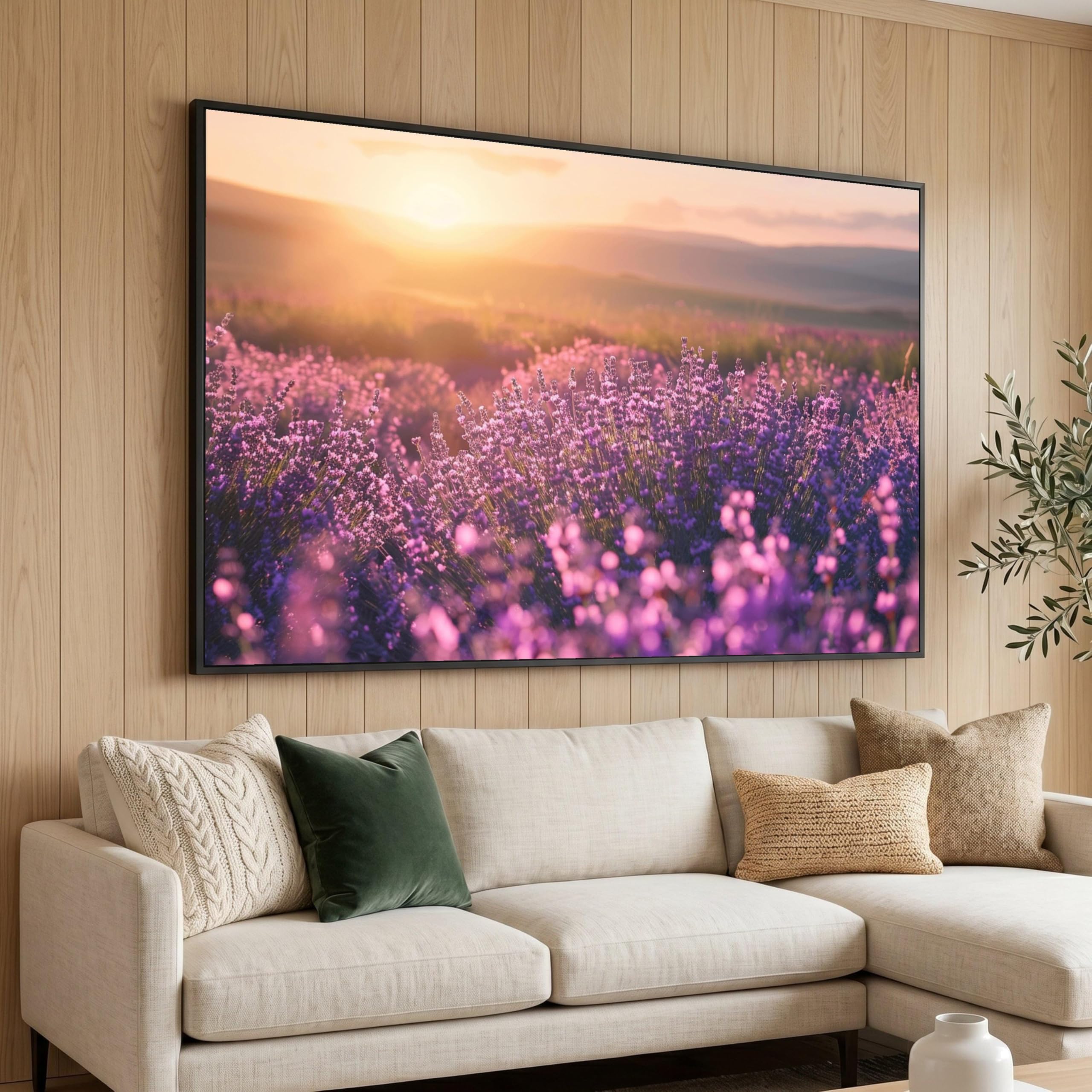 Lavender Field Sunset Canvas Print, Purple Floral Wall Art, Nature Landscape Painting, Morning Canvas Art Home Mural(50x75cm/Frameless)