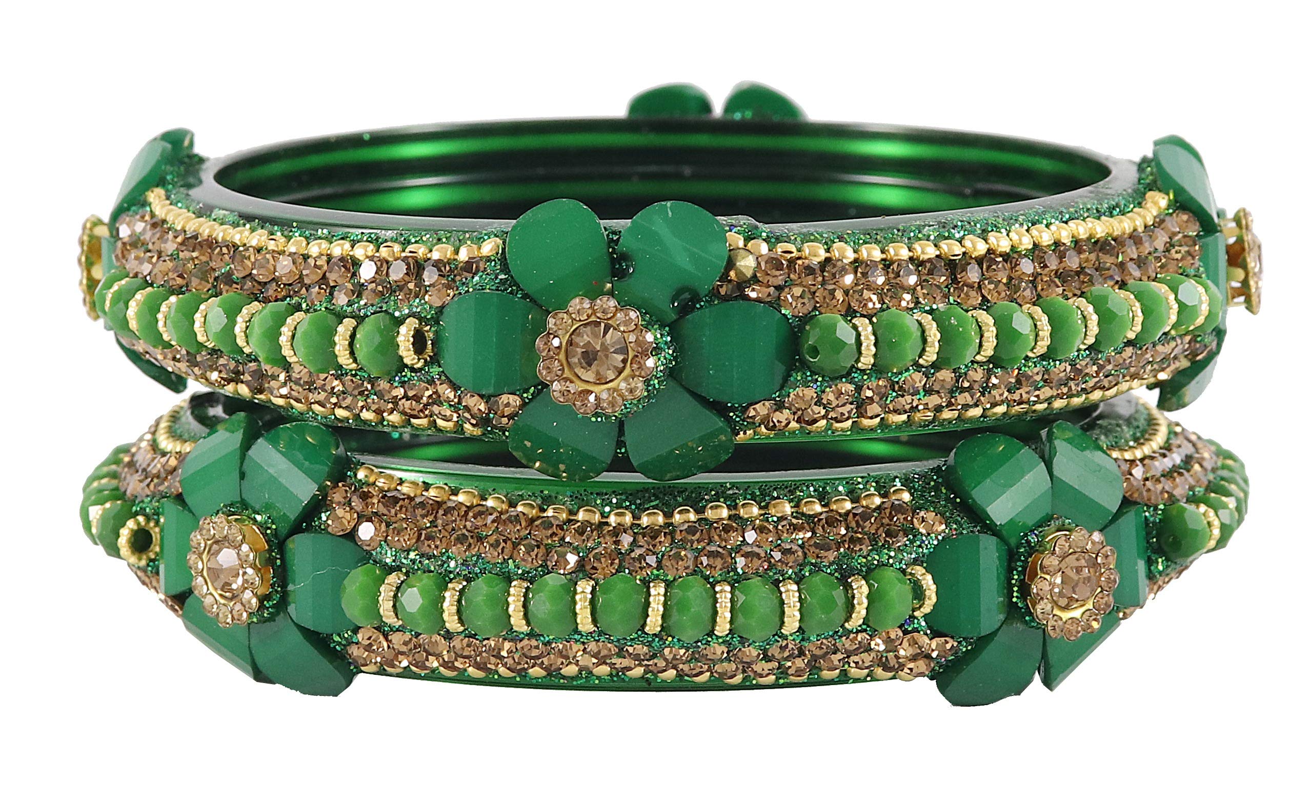 NMII Womens Glass with Zircon Gemstone and Pearl or Flower Shaped and Spread with Glitter Pattern and Ball Chain Linked Glossy Finished Kada Set (Dark Green, 2.6 Inches) -Pack of 2 (B091PSCYYM) Amazon Price History, Amazon Price Tracker
