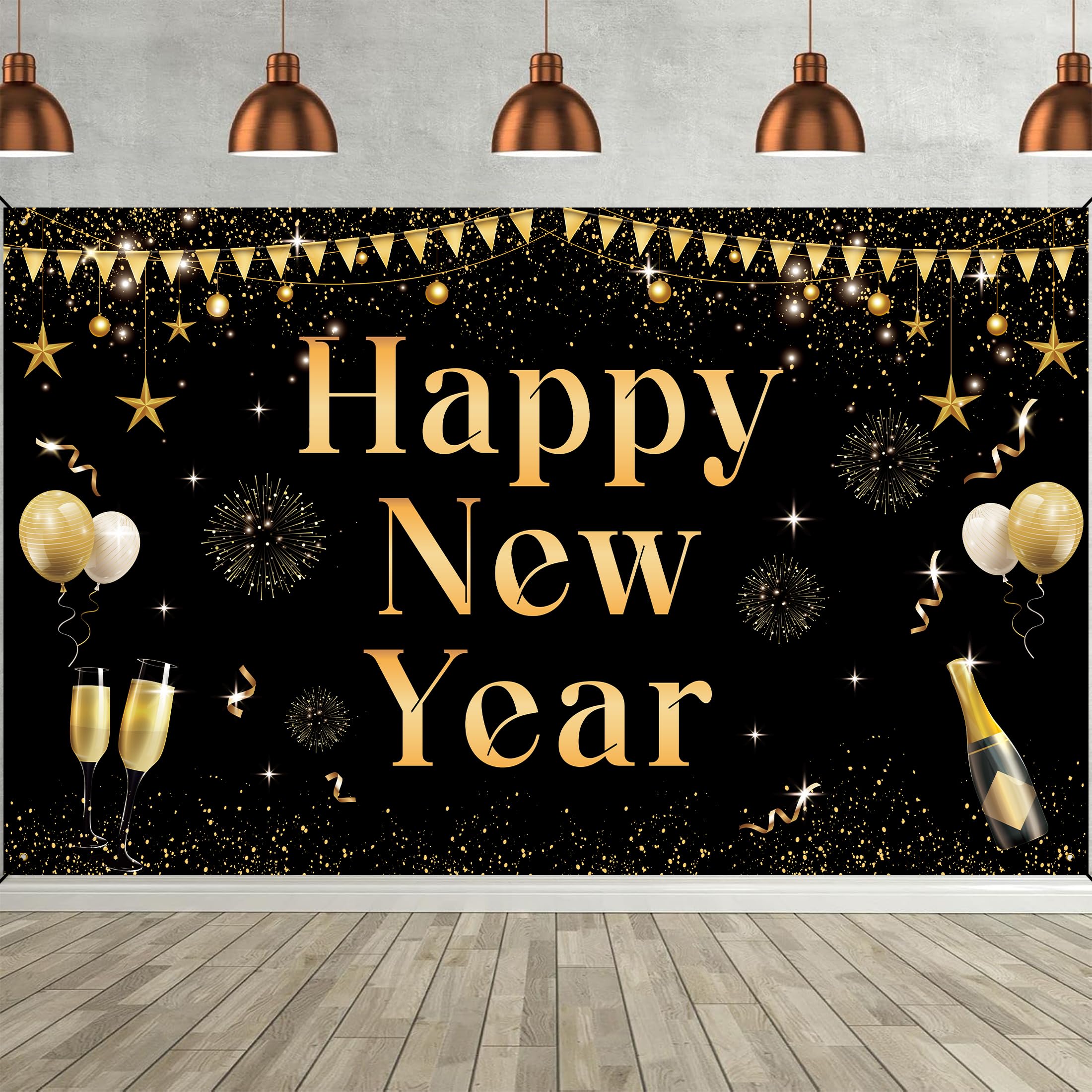 Large Happy New Year Banner - Black & Gold New Years Eve Party Backdrop - 72 x 44 Inch for Home Office, Classroom & Bulletin Boards