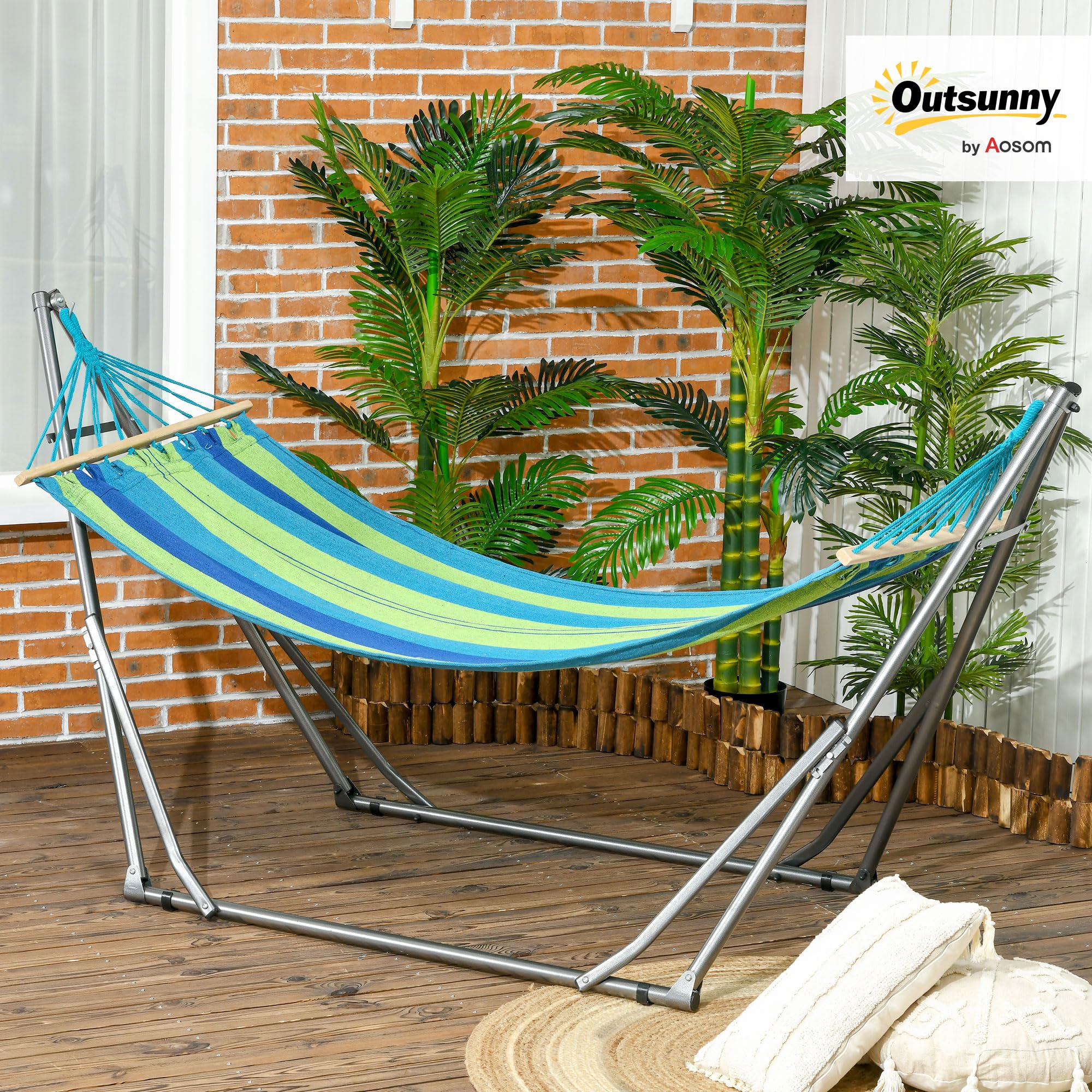 Outsunny Hamaca con Soporte Plegable 2 en 1, Tendedero con Barra, Estructura de Acero, Hamaca de Camping Portátil de Algodón, Carga 120 kg, para Jardín, Patio, Terraza, 270x100x94 cm, Azul y Verde