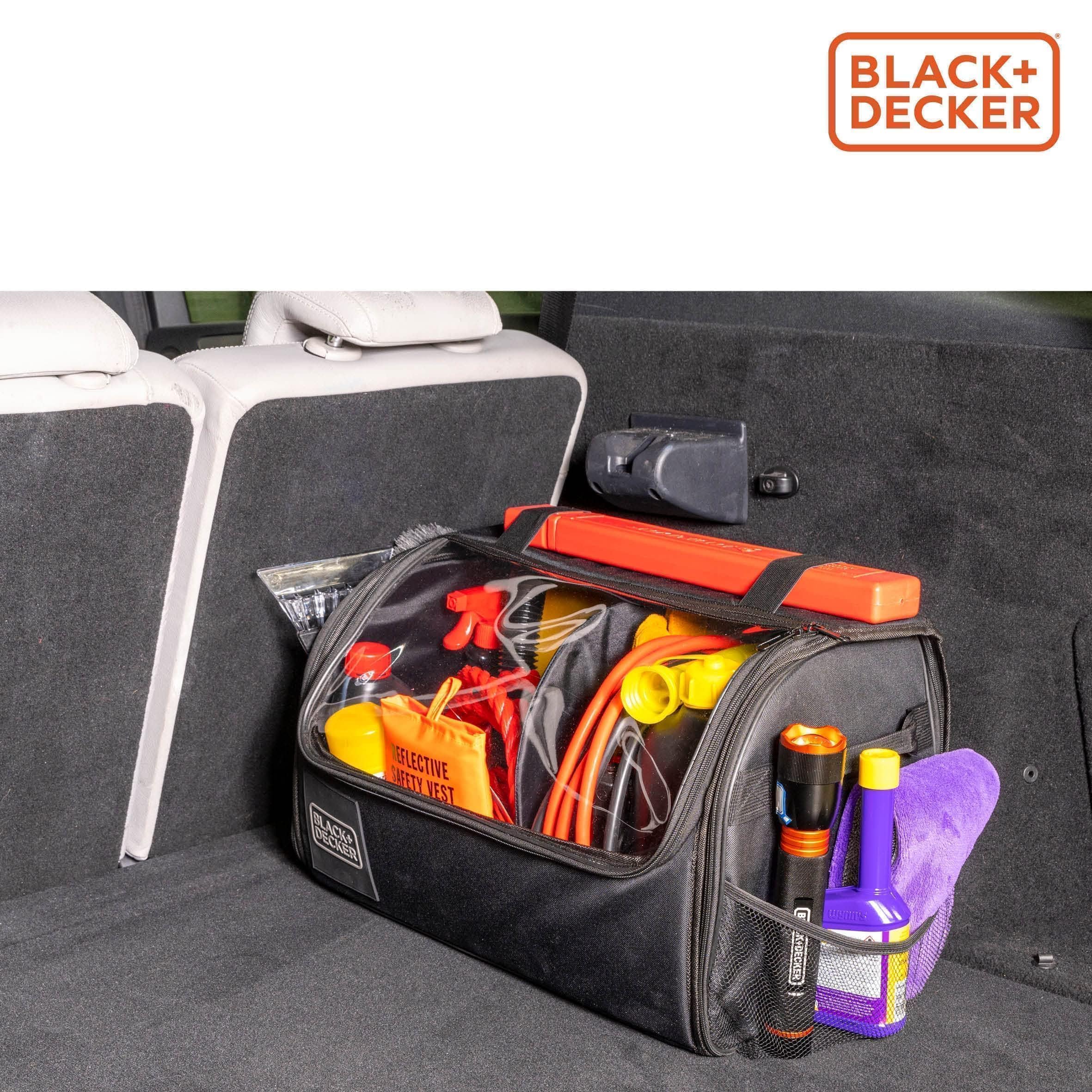 BLACK+DECKER Organizer do bagażnika – torba do bagażnika z przezroczystą pokrywą – 2 główne i kilka kieszeni bocznych – powierzchnia antypoślizgowa – poliester – czarny
